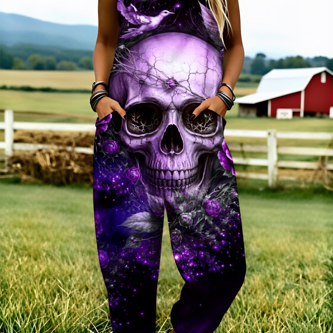 TEMU Women' Size Overall Jumpsuit, Size S-2xl Purple Skull Galaxy Print Loose-fitting Overalls Suitable For Spring, Summer And Autumn Suitable For