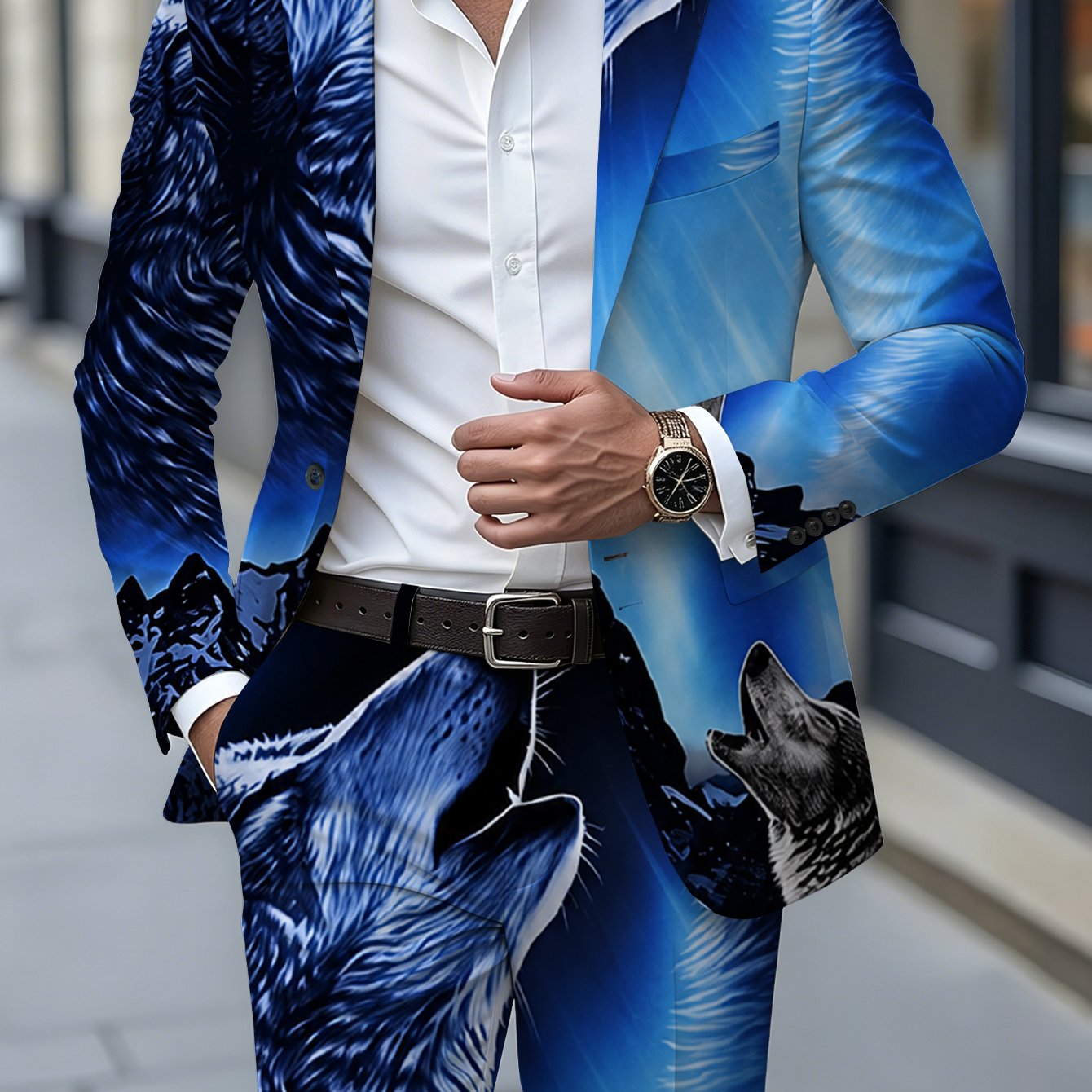 TEMU Men's 2pcs Suit And Trousers Set, Wolf Howl Print Suit, Wolf Element, Men's Suit Formal Set, Scene, Casual Suit With Inner Lining