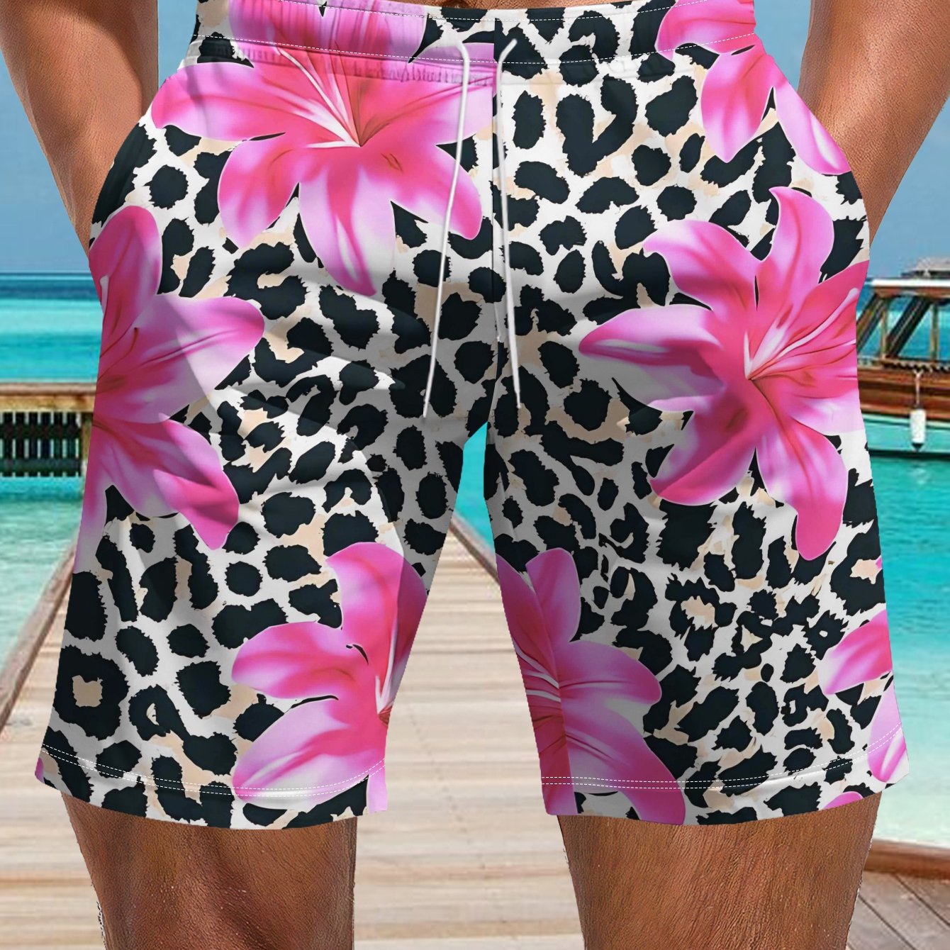 TEMU Men's Casual Shorts, New Summer Style Leopard Print Trendy Beach Pants, Loose Fit Knee-length Sports Pants, Breathable Polyester Fiber Vacation