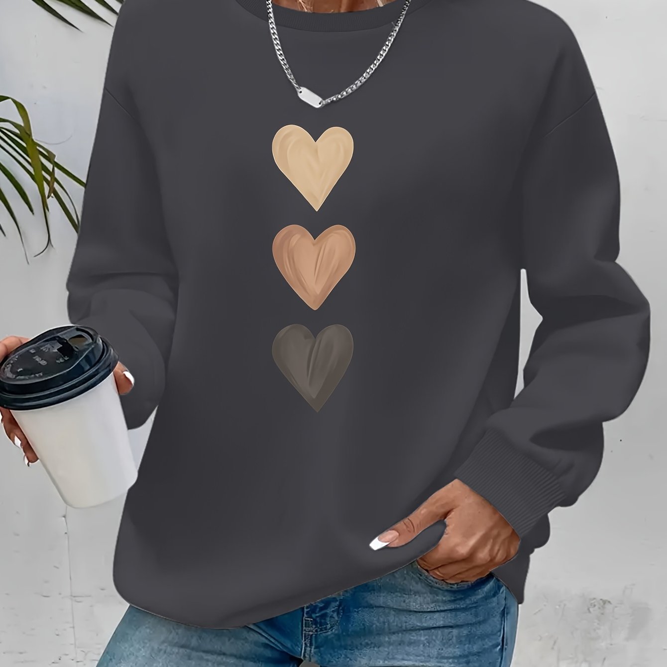 TEMU Women'-color Heart Print -lined Crewneck Pullover Sweatshirt, New Autumn/, Loose Fit, Versatile, Casual, Sporty Long-sleeve Top, Trendy