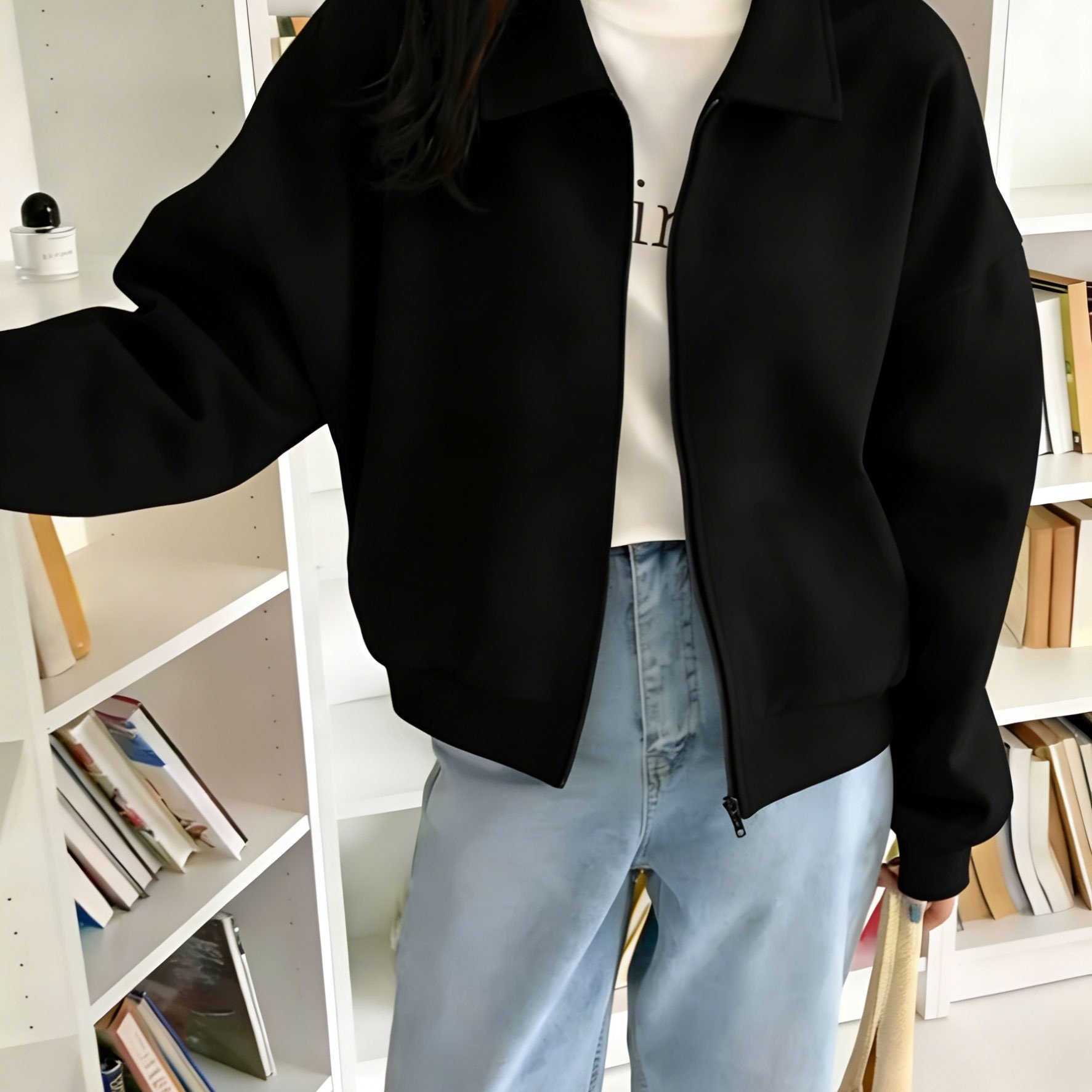 TEMU Women's Casual Long Sleeve Drop Shoulder Sweatshirt With Zipper And Wide Lapel