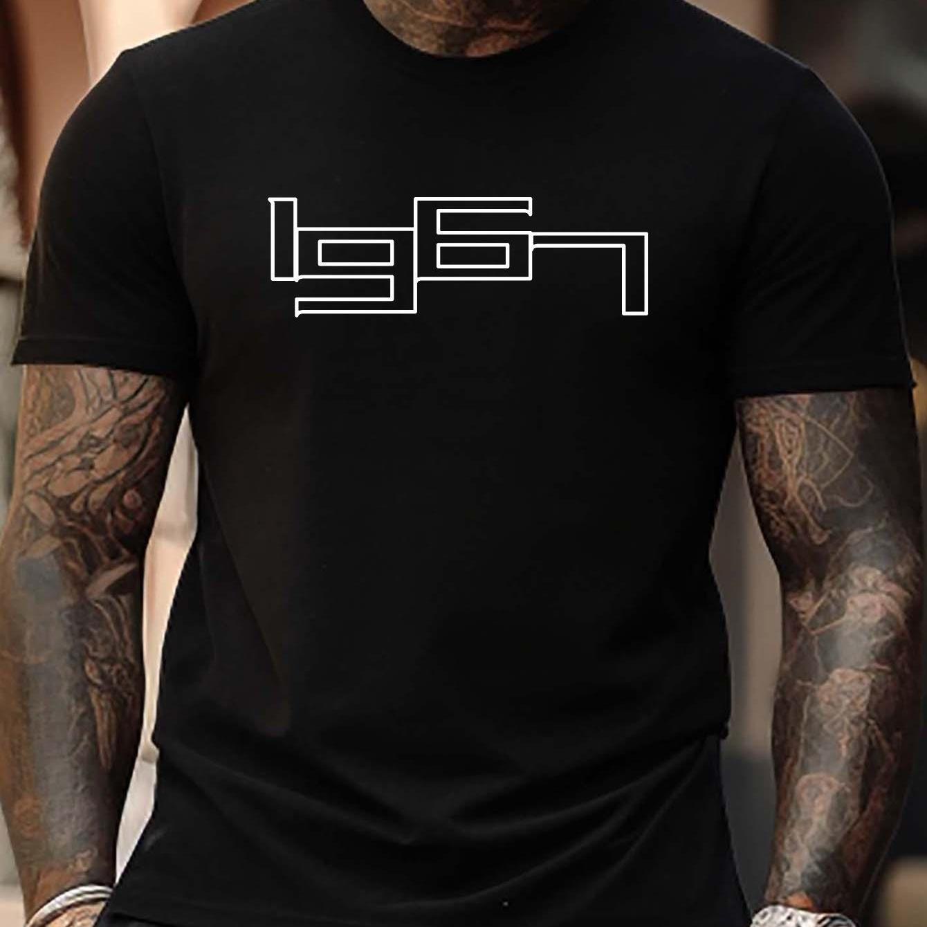Image of Men's 1967 Graphic Print T-shirt - 100 Neck Tee With Geometric Pattern, Stretch & Breathable Knit Fabric, Regular Fit Short Sleeve For Big & Tallplus Size, Casual Wear, Vintage T Shirts, Everyday