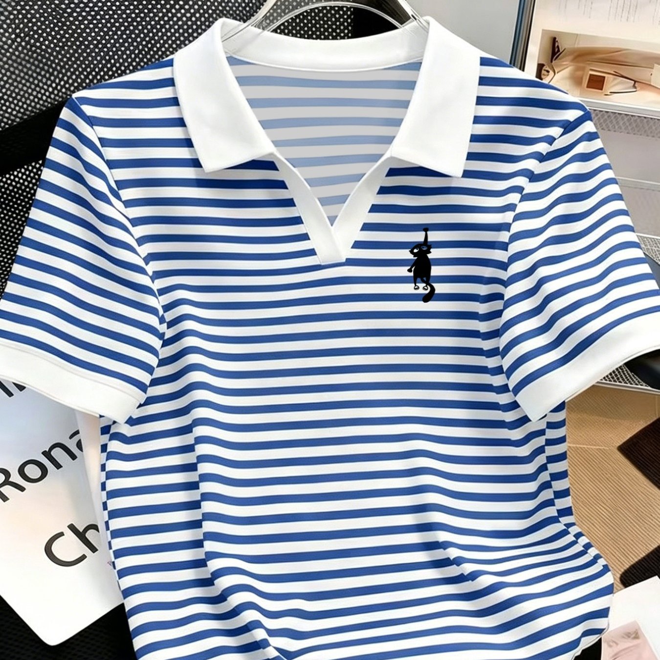 TEMU Nouveau Polo d'été à rayures pour femme avec col à revers et col en V, coupe épaule régulière, motif à rayures , manches courtes avec imprimé