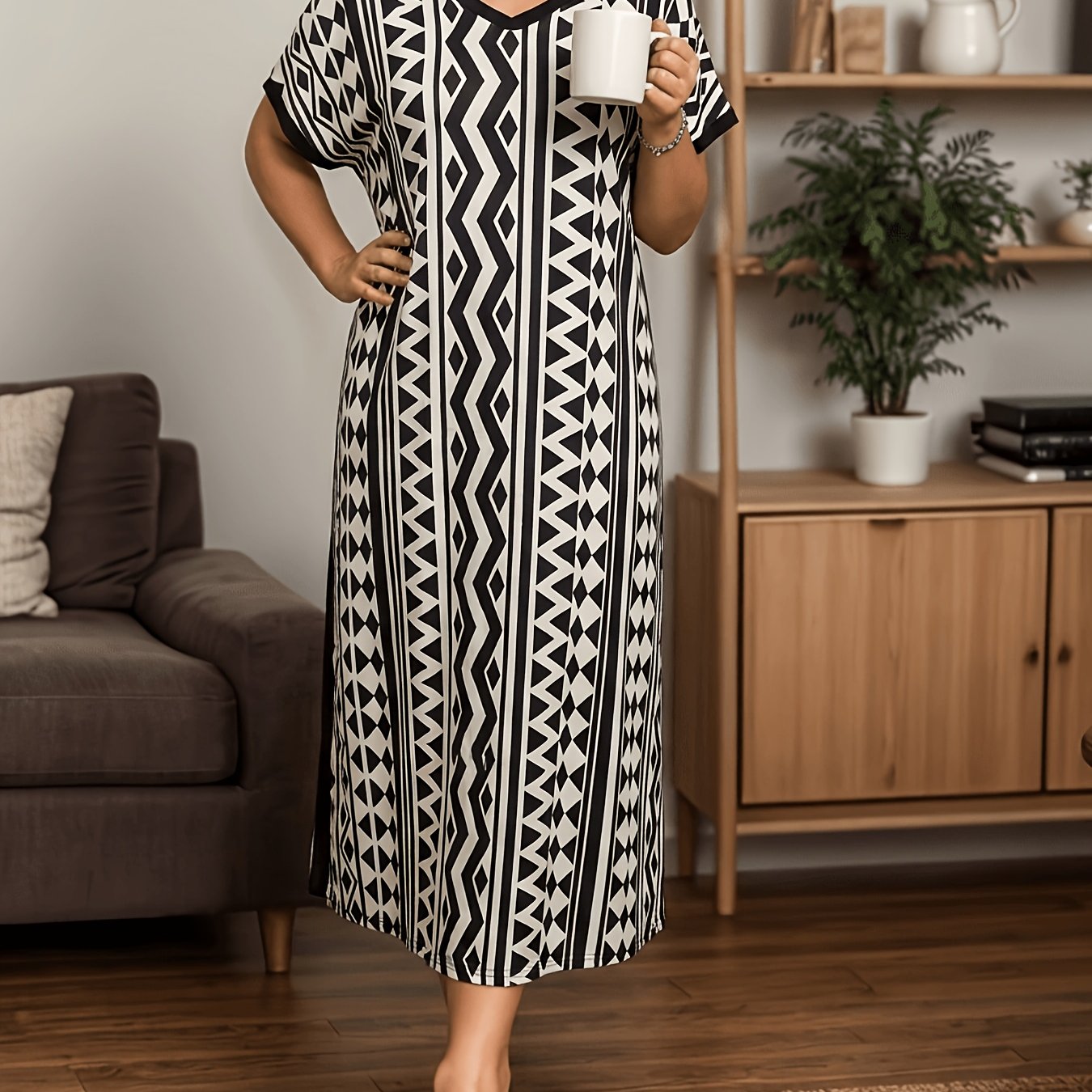 Image of Plus Size Women's Black And White Geometric Minimalist Style Batwing Sleeve Midi Dress Nightgown