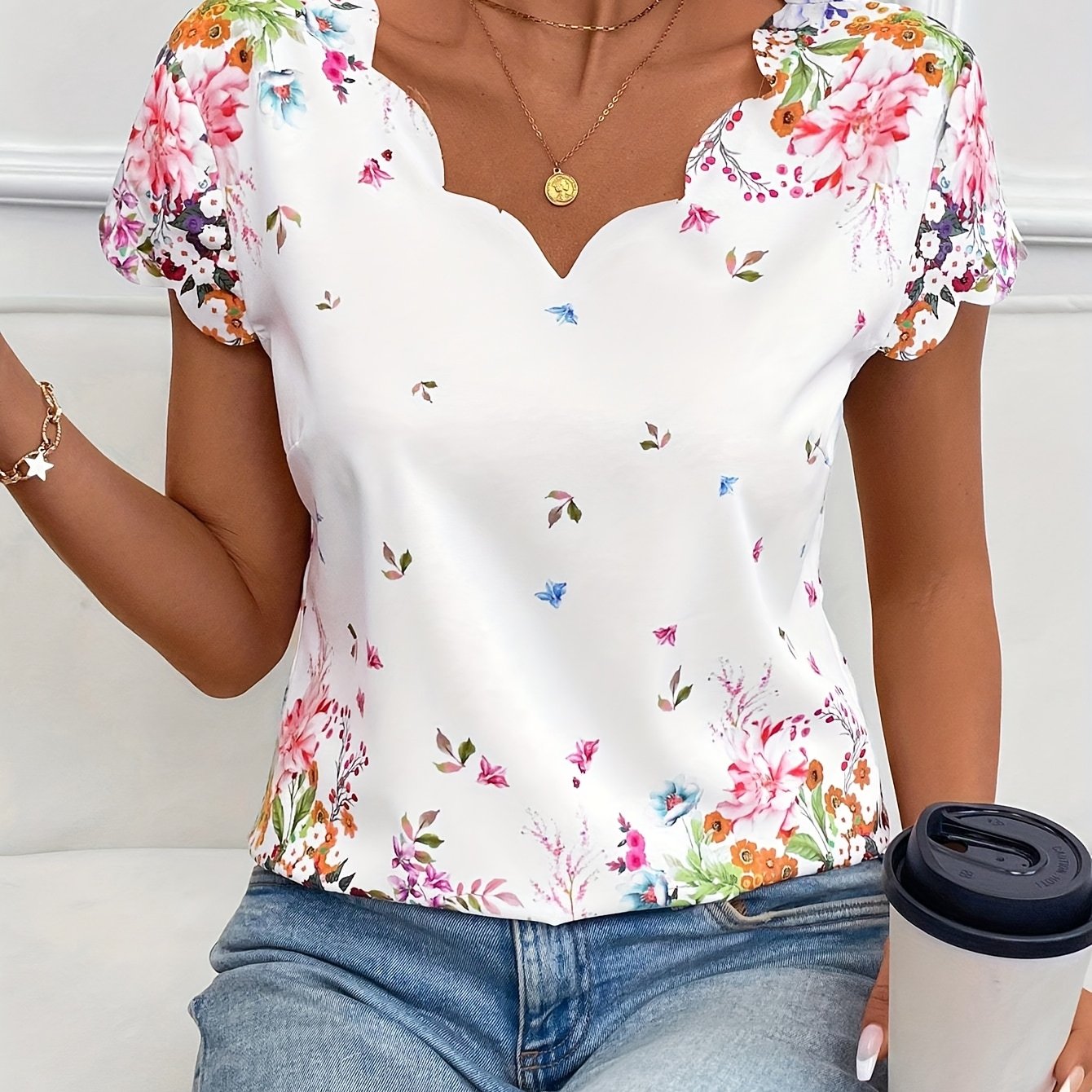 E-shop Sommerliche Mode Neue Temperament Bluse mit Blumenmuster Kurzarm V-Ausschnitt Damen