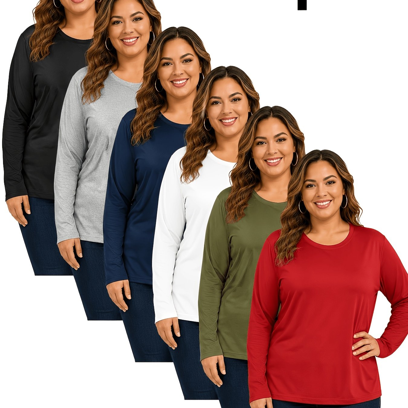 TEMU Plus Size, 6pcs Pack Women's Plus Size Long Sleeve Shirts - Breathable Lightweight Tops, Stretchy Tees Suitable For,,, Fall Layering, Round Neck