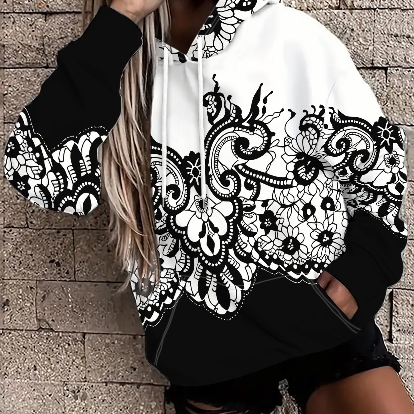 TEMU Fashion Women's Loose Style Hoodie With Black And White Lace Trim, Exquisite And Intricate. - Stretch, , , Loose Casual, Fashion Top, Embracing