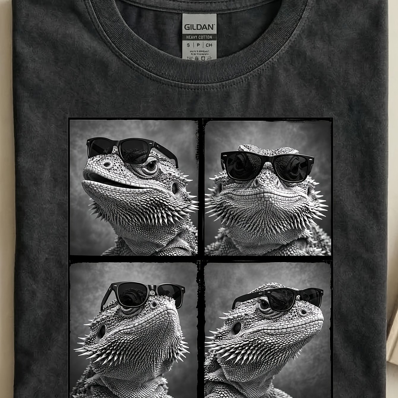Image of Cool Bearded Glasses Graphic Tee Funny Lizard Portrait Exotic Reptile Photo Collage For Pet Owner Son Crewneck 180g Cotton Men T Shirt