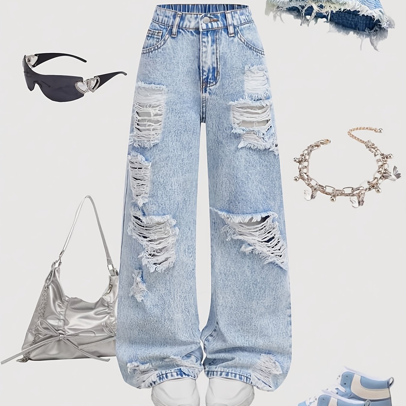 Image of Girl' Blue Wide-leg Pants With Ripped Design, Classic Loose Straight-, Built-in Zipper, Soft And Comfortable Fabric