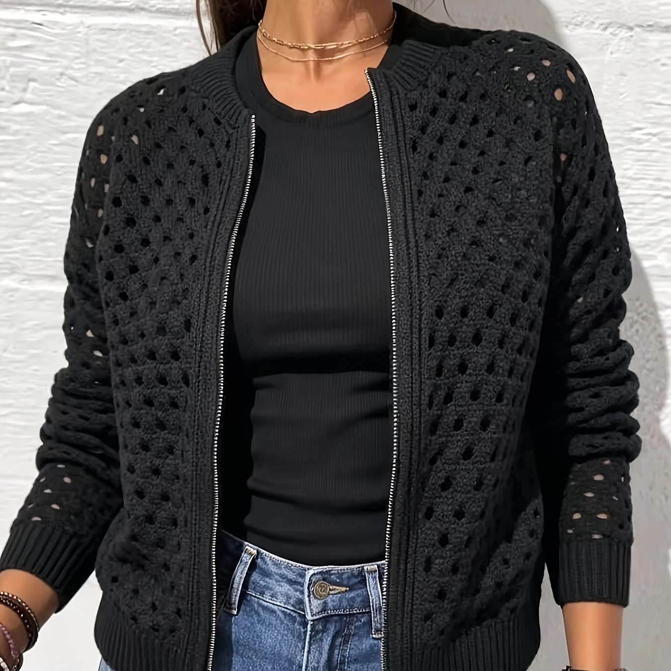 TEMU Plus Size, Casual Women's Sweater Hollow-out Jacket Ladies' Coat