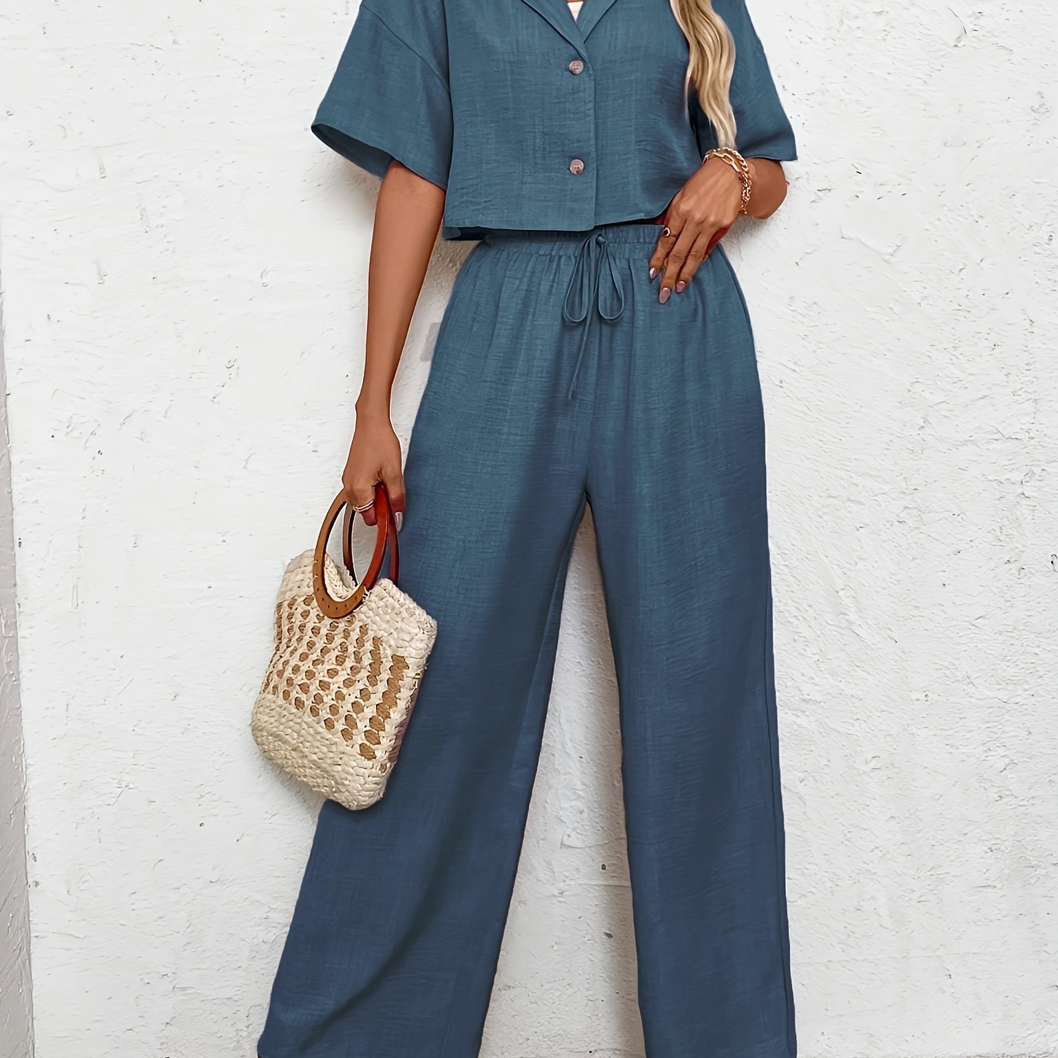 Image of Spring Summer New Versatile Elegant Fashion Blue Shirt Wide-leg Pants Set