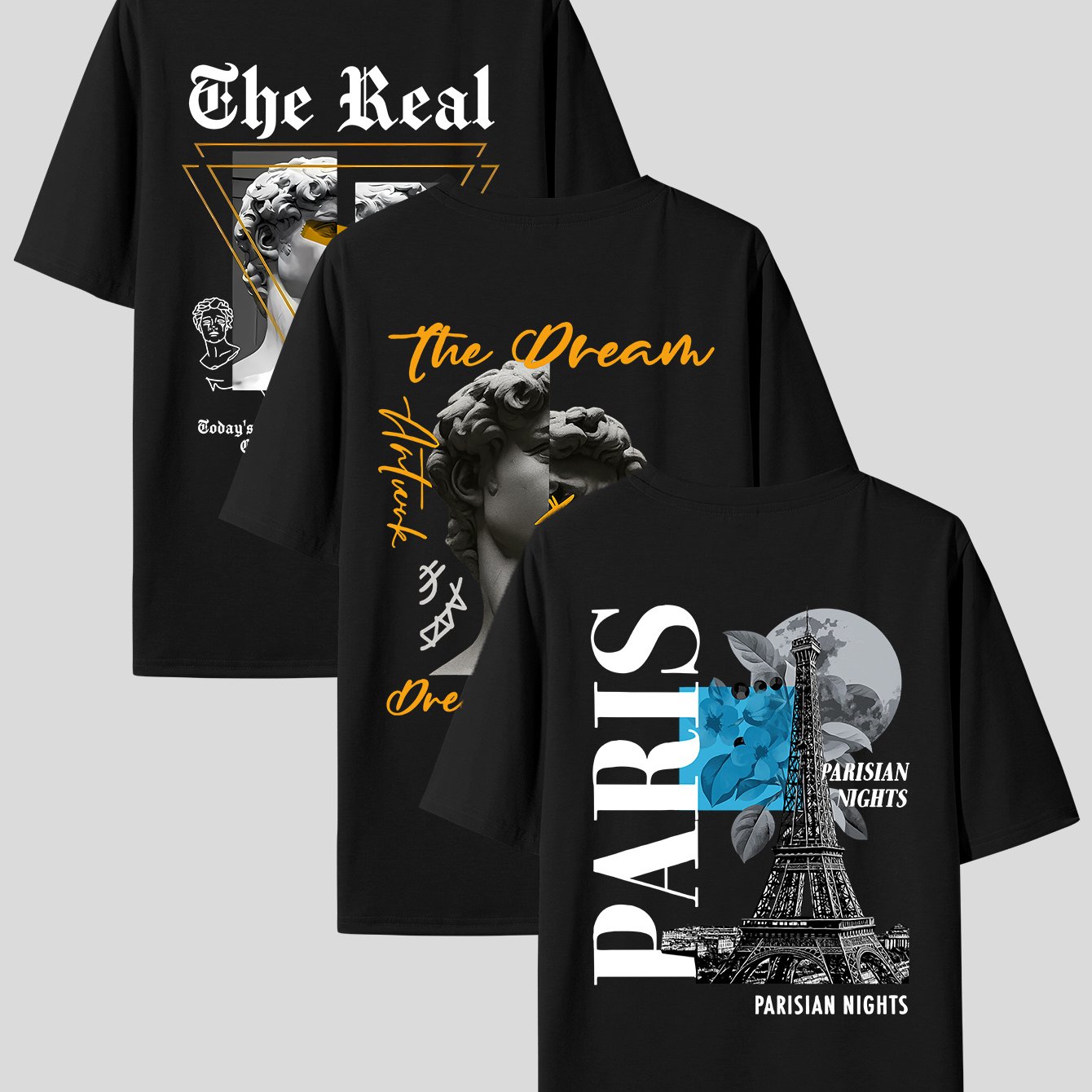 TEMU Men's Summer Retro Urban Fashion Pattern T-shirts 3-pc, Men's Casual Comfortable Short Sleeves