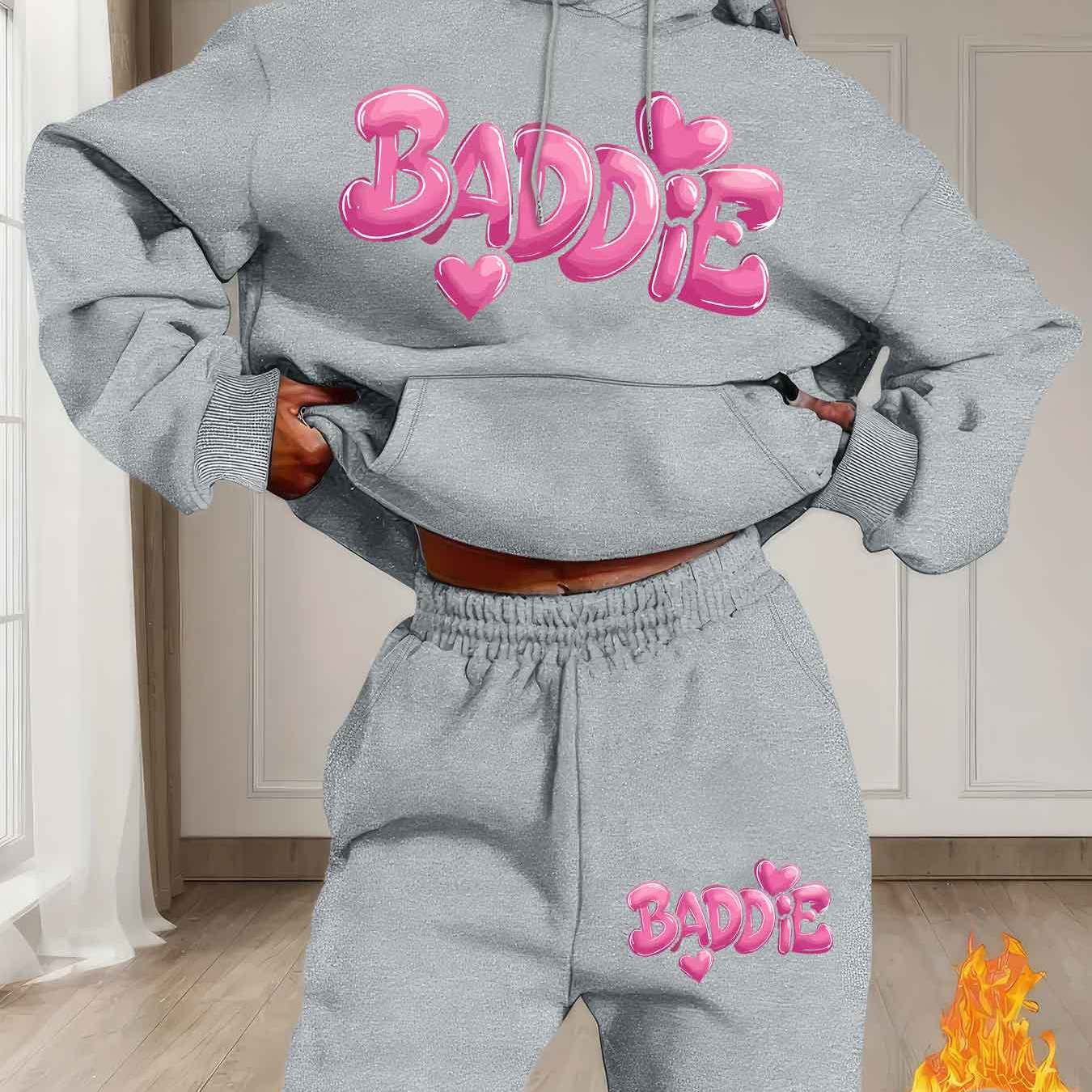 TEMU Fashion Women's Hoodie Two-piece Set, Featuring A Warm Printed Design For Autumn And Winter, Includes A Top And Pants