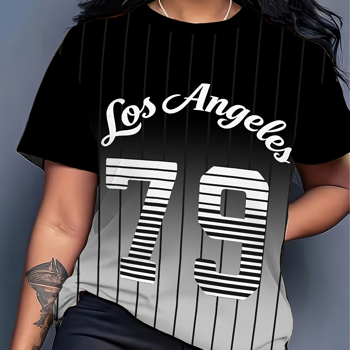 TEMU Women's Full-body Print Los Angeles Number 79 T-shirt - Dark Grey/black Gradient Short Sleeve With Handwritten '79' & - Casual Summer Round Neck