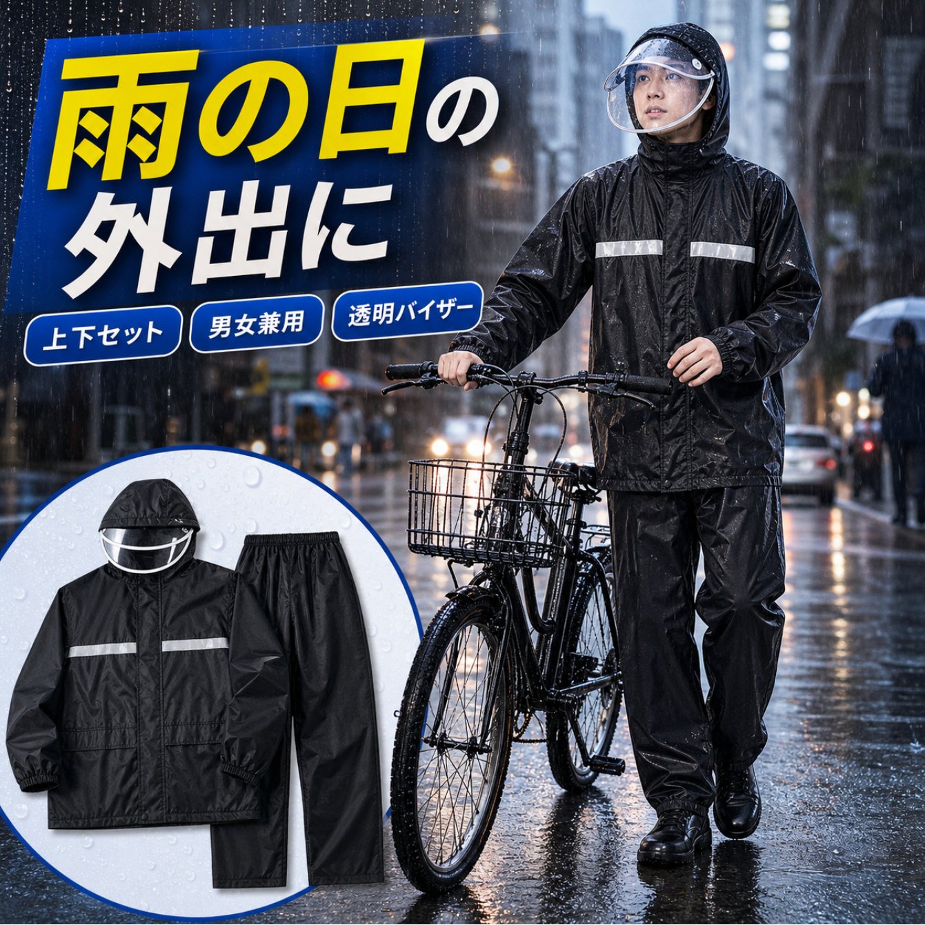 TEMU ブラック クロス 厚手 反射材入り サイクリンコート 大人用 2点セット レインパンツセット 労働保護 アウトドア 二重ポケット 二重フード付きジャケット