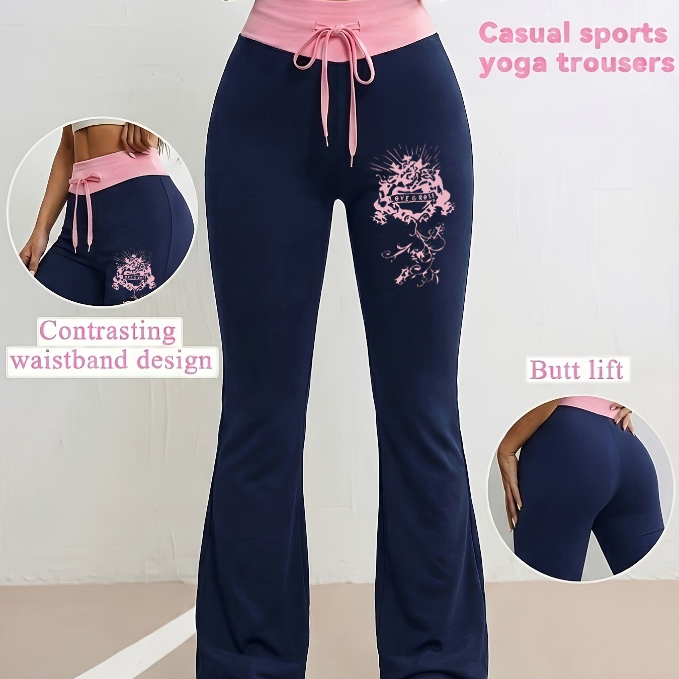 TEMU Pantalones deportivos casuales de moda para mujer con estampado y bloques de color