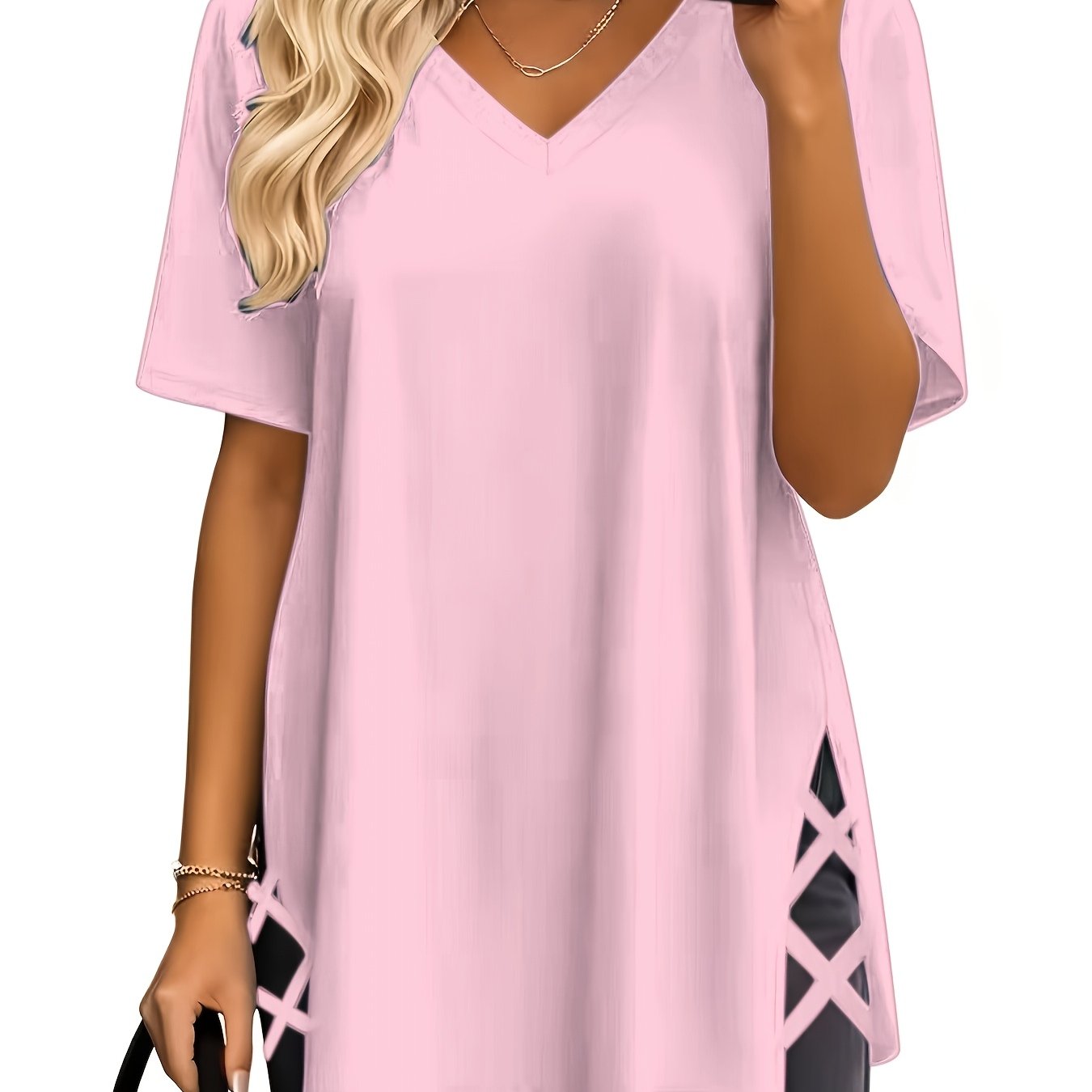 TEMU Women's Summer Oversized Y Top, Soft And Comfortable V-neck Casual Top, Basic Fashionable Side Slit Loose Short-sleeve T-shirt