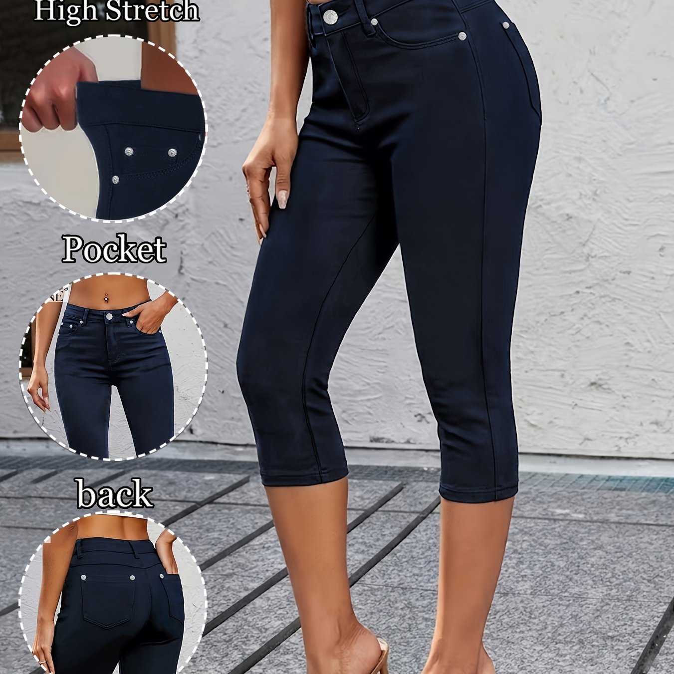 Women's Denim High-waisted Navy Blue Capri Pants, Stretchy Slim-fit Casual Fashion Style, Tummy Control Comfortable, Versatile For Spring And Summer Daily Shoppingdenim