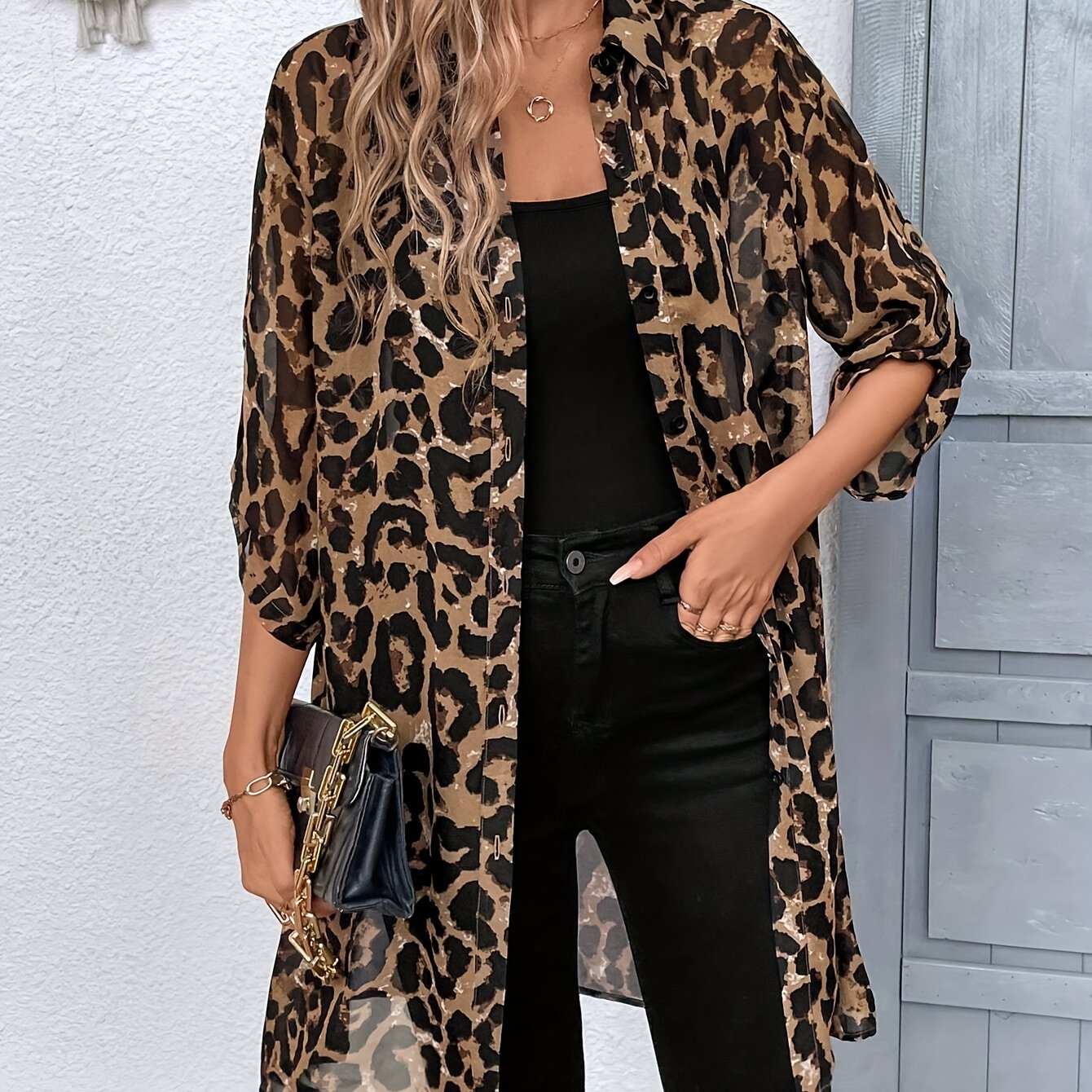 E-shop Damens Elegante Leopardenmuster Bluse - Langarm-Bluse für Büro & Party, Untransparente Damenblusen für Frühling/Herbst/Sommer, Alltagskleidung