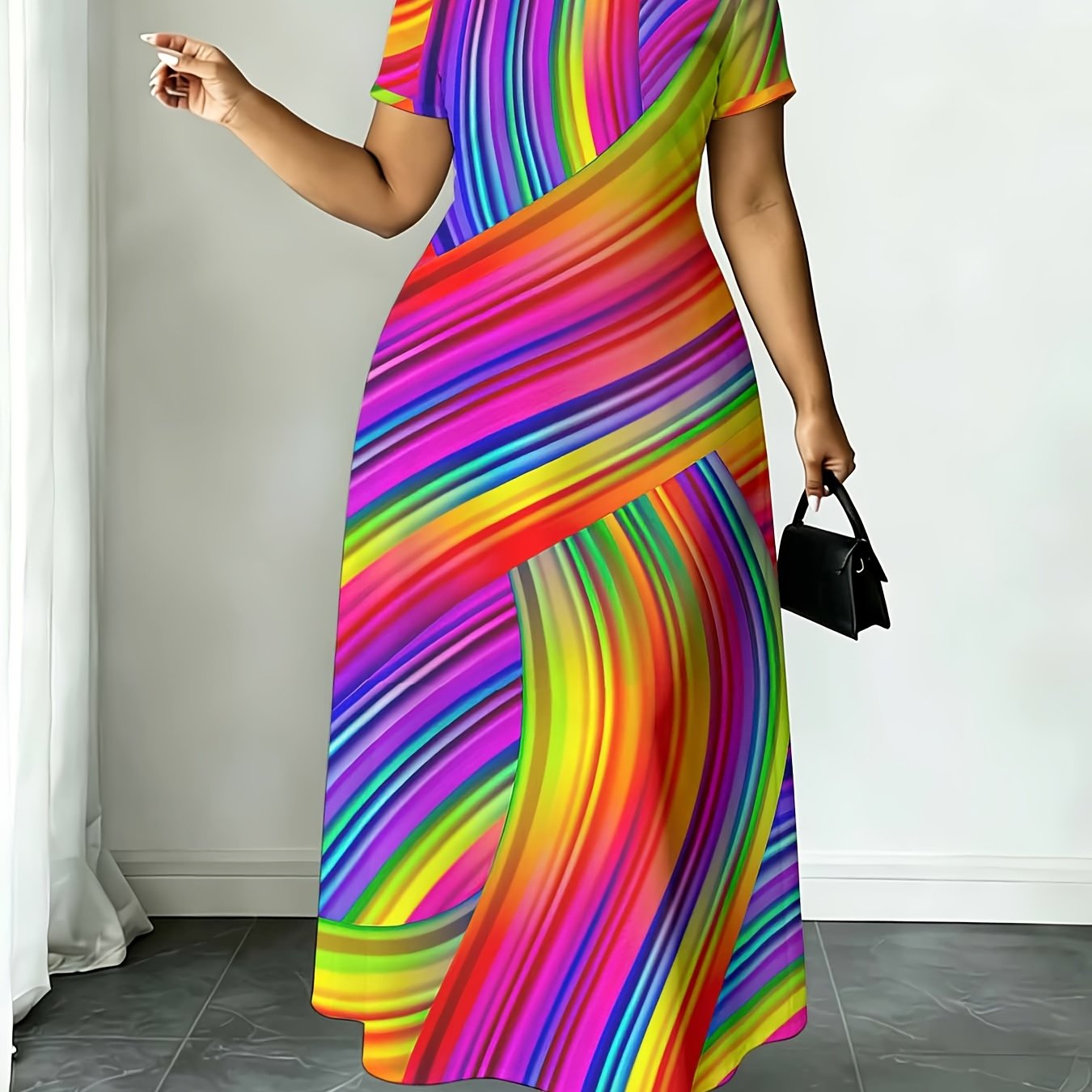 Summer Short Sleeved Long Dresses For Women Rainbow Colorful Striped Print Dress Suitable For Leisure And Sports