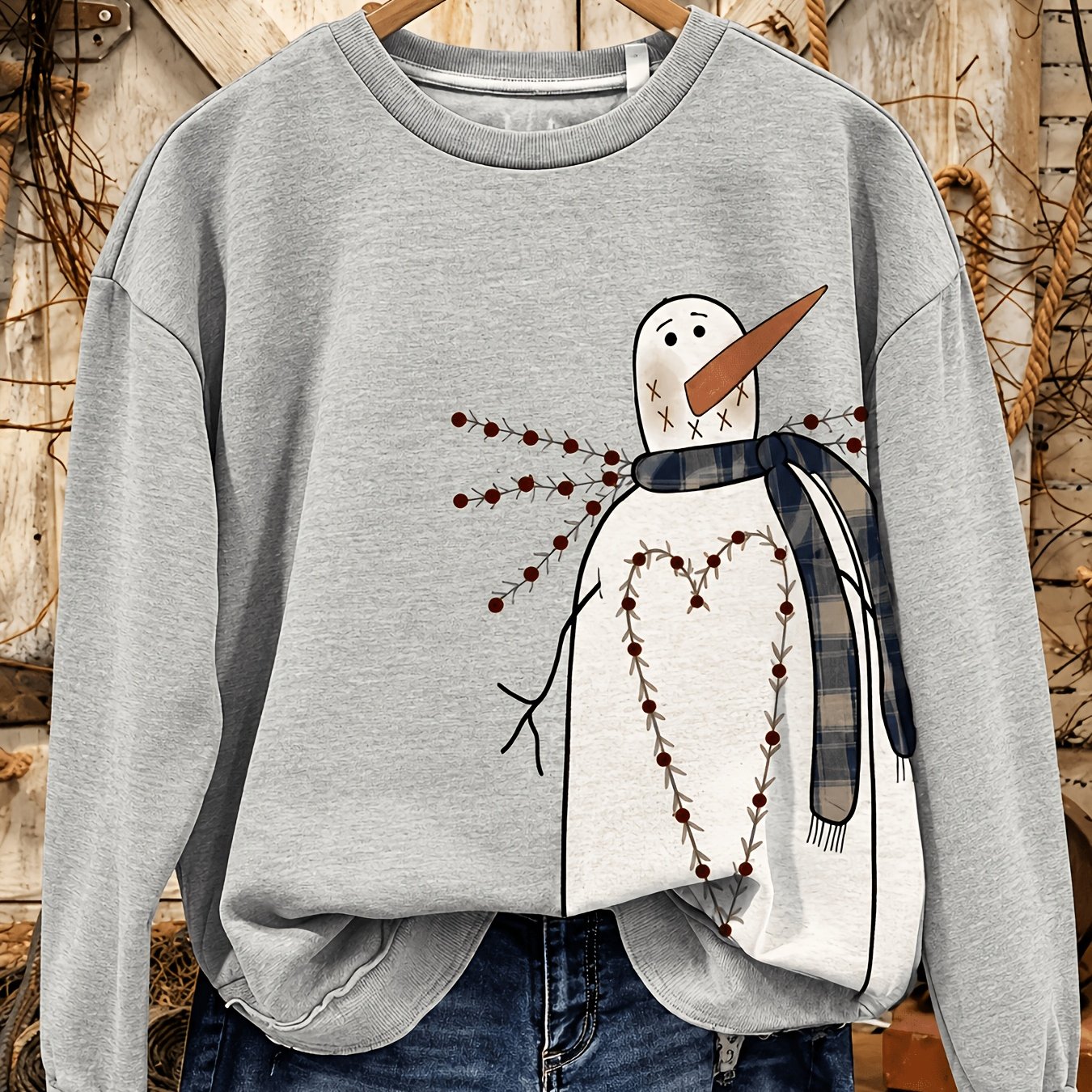 TEMU Women's Gray Crew Neck Sweatshirt, Cute Hand-drawn Snowman With Scarf And Berry Branches Cozy Winter Vibe For Casual Wear