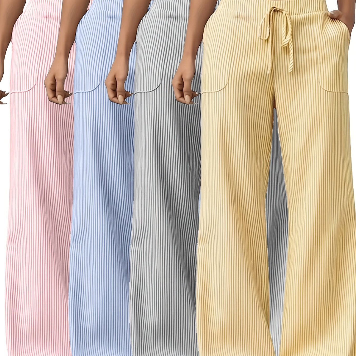 TEMU 4-pack Women's Casual Striped Wide Leg Casual Pants, Elastic Waist - Loose, Machine Washable, Spring, Summer And Autumn Casual Wear, Sweatpants,