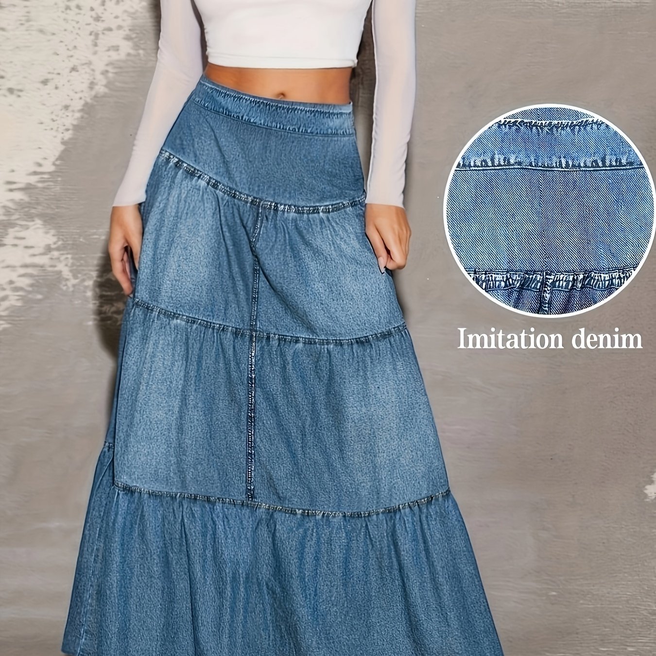 TEMU [Falda Estampada - No Tela de Denim] Falda Estampada Denim de Moda 9043. Y [Wilderness]. Denim Estampado/Cintura Elástica/Capa . Tela Elástica