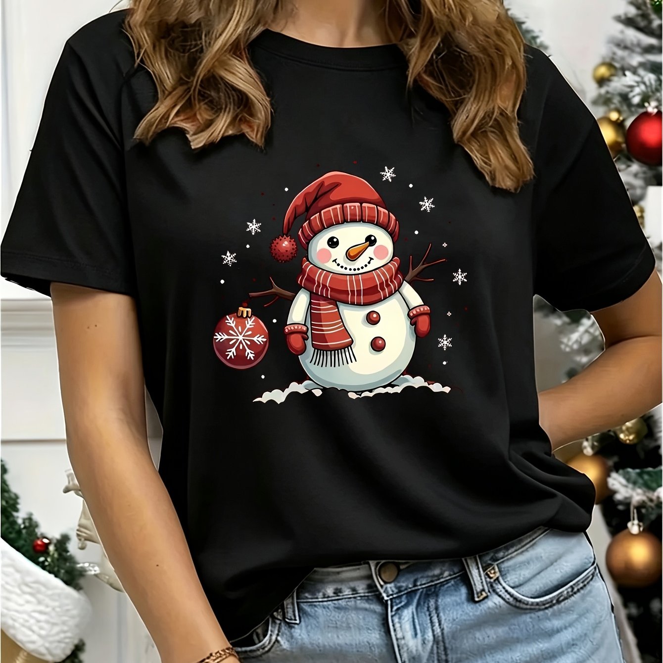 TEMU Summer Women's Christmas Snowman Print Short-sleeve T-shirt, Casual And Fashionable Outfit
