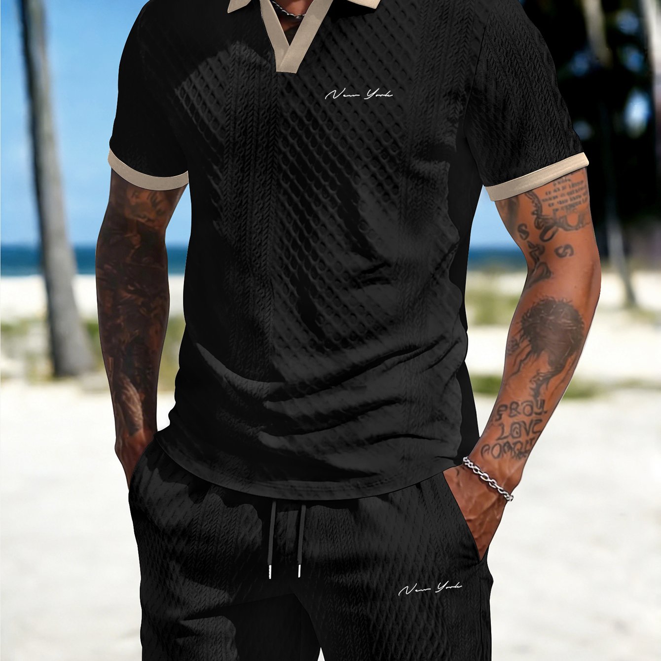 TEMU A Stylish Short-sleeve And Shorts Set For Men, Featuring A Fashionable Collar And A Jacquard Design, Perfect For Casual Streetwear, Without Any