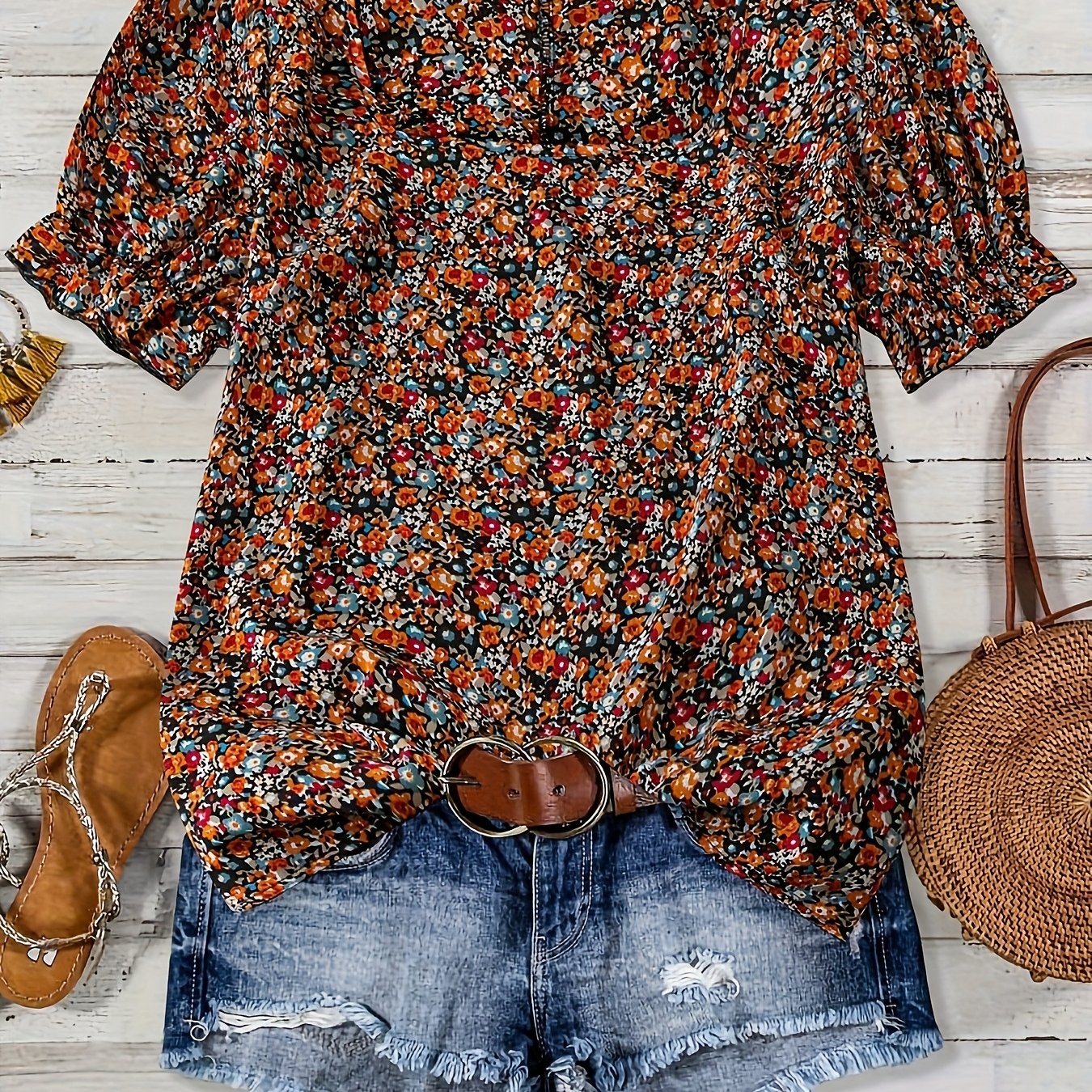 TEMU Plus Size, Plus Size Women's Tops Summer Floral Neck Short Sleeve Blouse