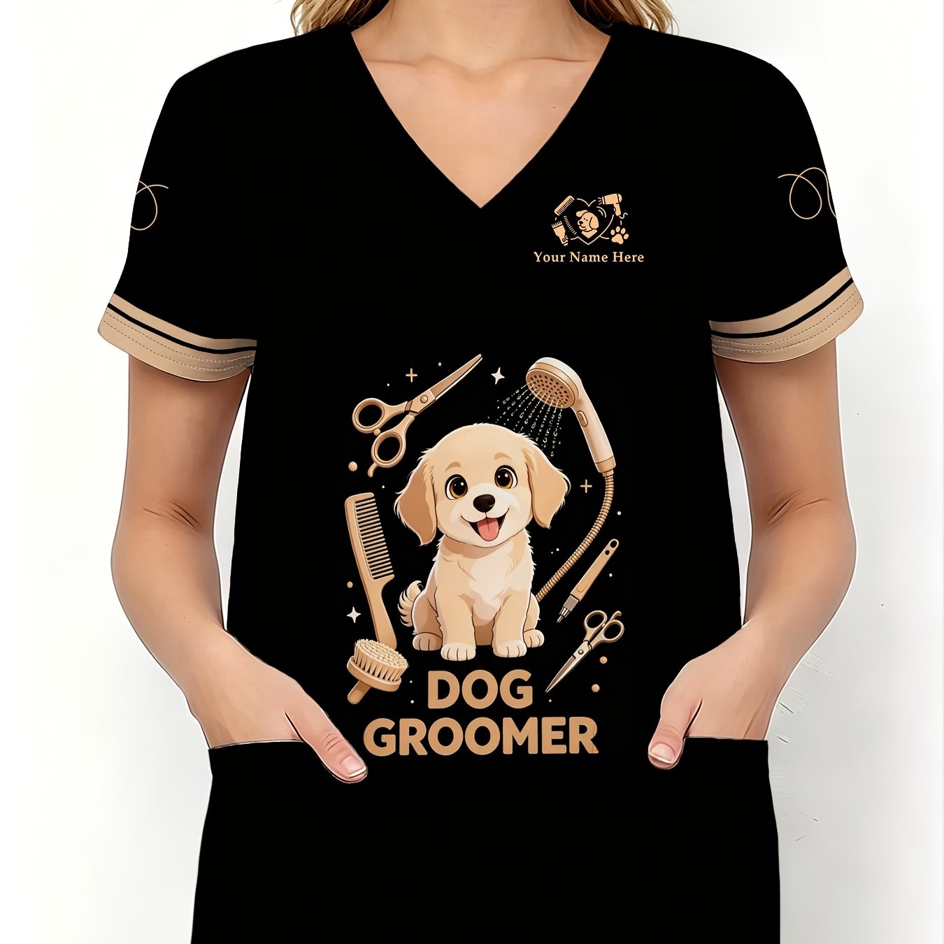 TEMU [customization] Women's Personalized Name Customization, 1pc Women's Blouse Work Uniform, Cartoon Dog Print Pattern, Pet Grooming Tool Print
