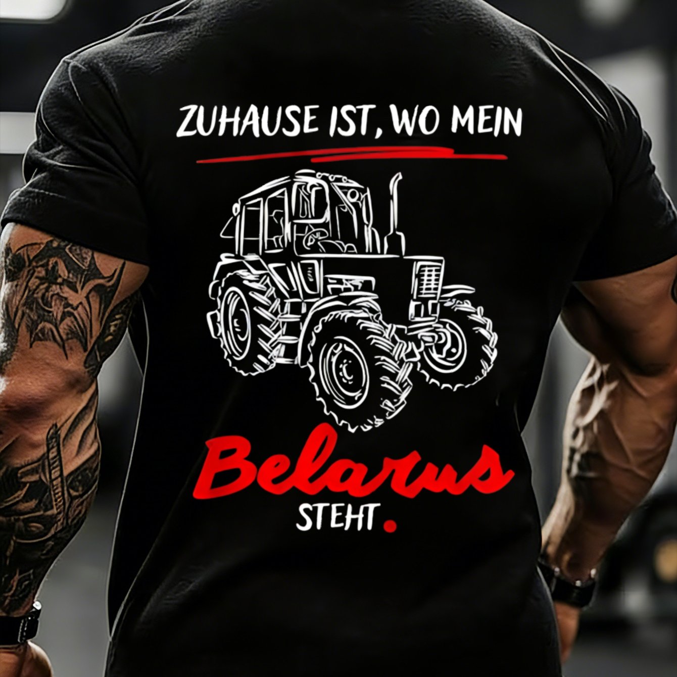 Black T Shirt With Belarus Tractor Graphic And German Text For Farming Enthusiasts And Agricultural Workers