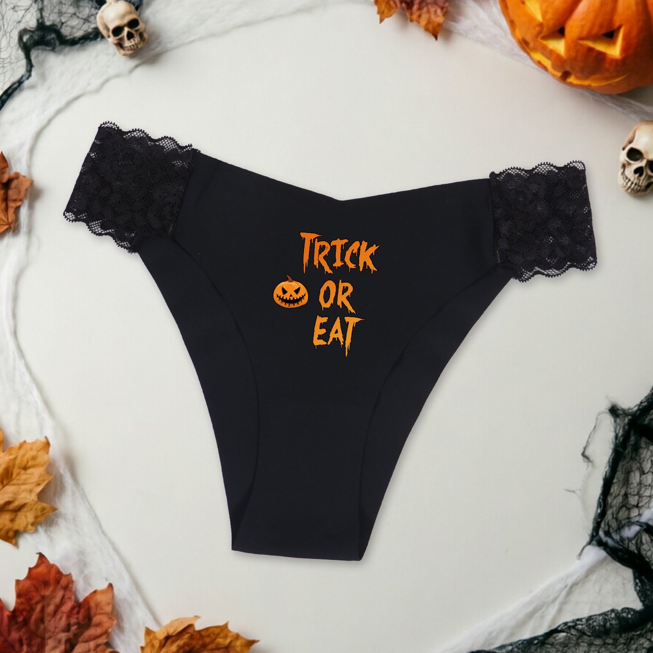 TEMU [trick Or Eat] Letter Print Women' Panties, Belt Patch Lace Sexy Embellishment, Suitable For Halloween Parties, Dates, And Daily Wear