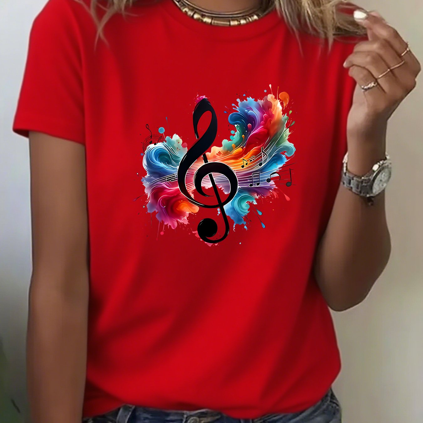 TEMU Women's Summer Round-neck Printed Short-sleeve T-shirt Featuring A Colorful Design Of Musical Notes And Clefs, A Stylish Casual Top Suitable For