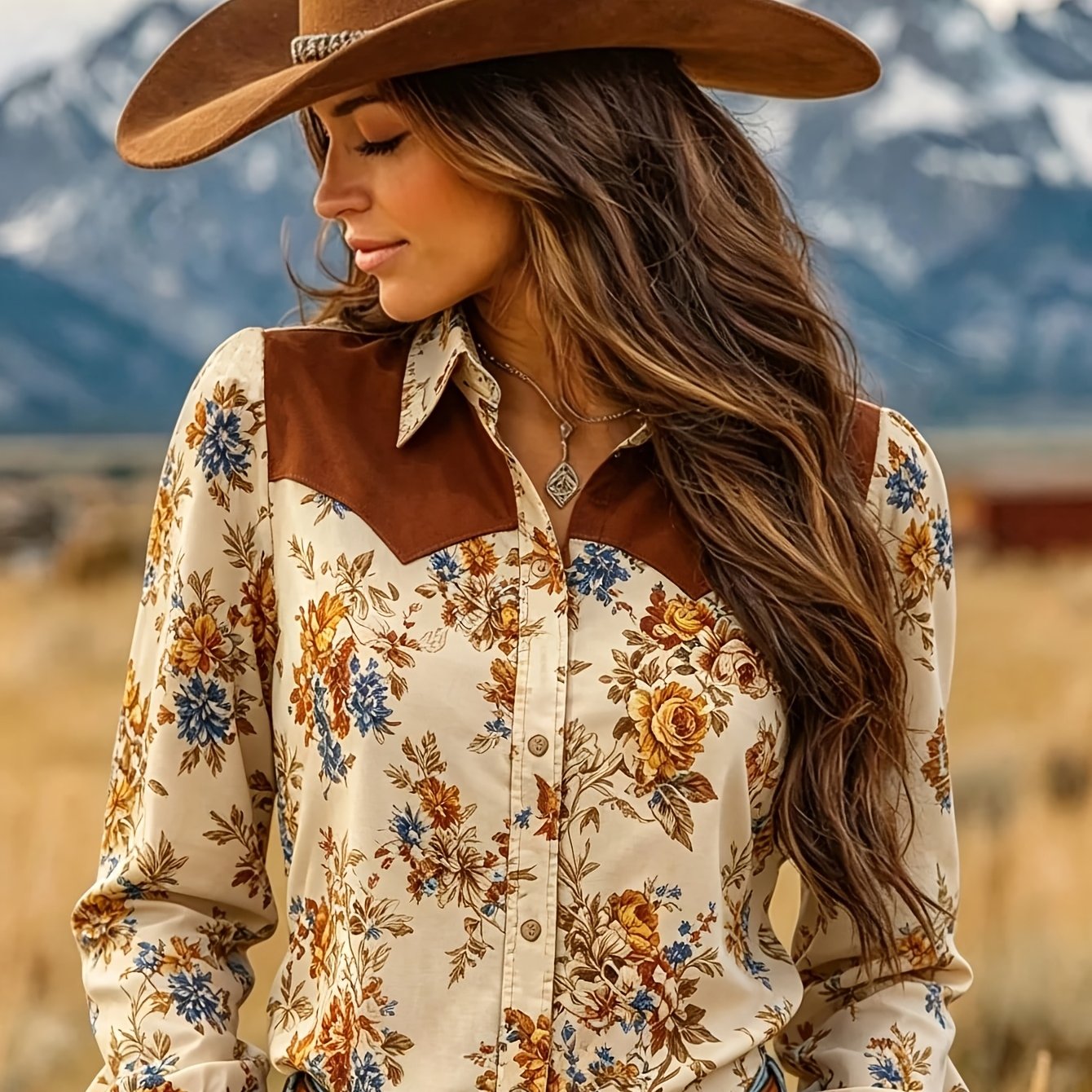 TEMU [printed Pants - Not Denim Fabric] American Western Vintage Floral Long-sleeve Shirt For Women, Color-block Brown Shoulder Collar Lapel Shirt,