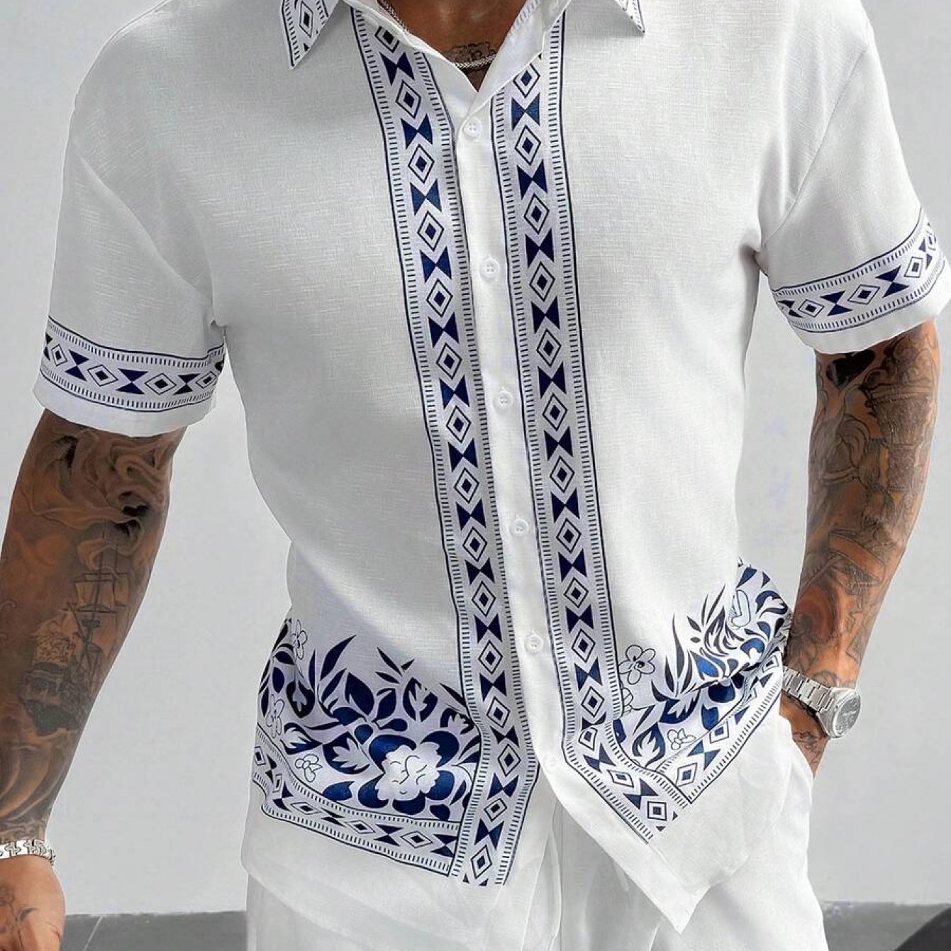 TEMU Chemise Homme Facile à , Manches Courtes, Imprimé Floral Géométrique Simple, Décontractée et Polyvalente. pour les Tenues , Tendance, les