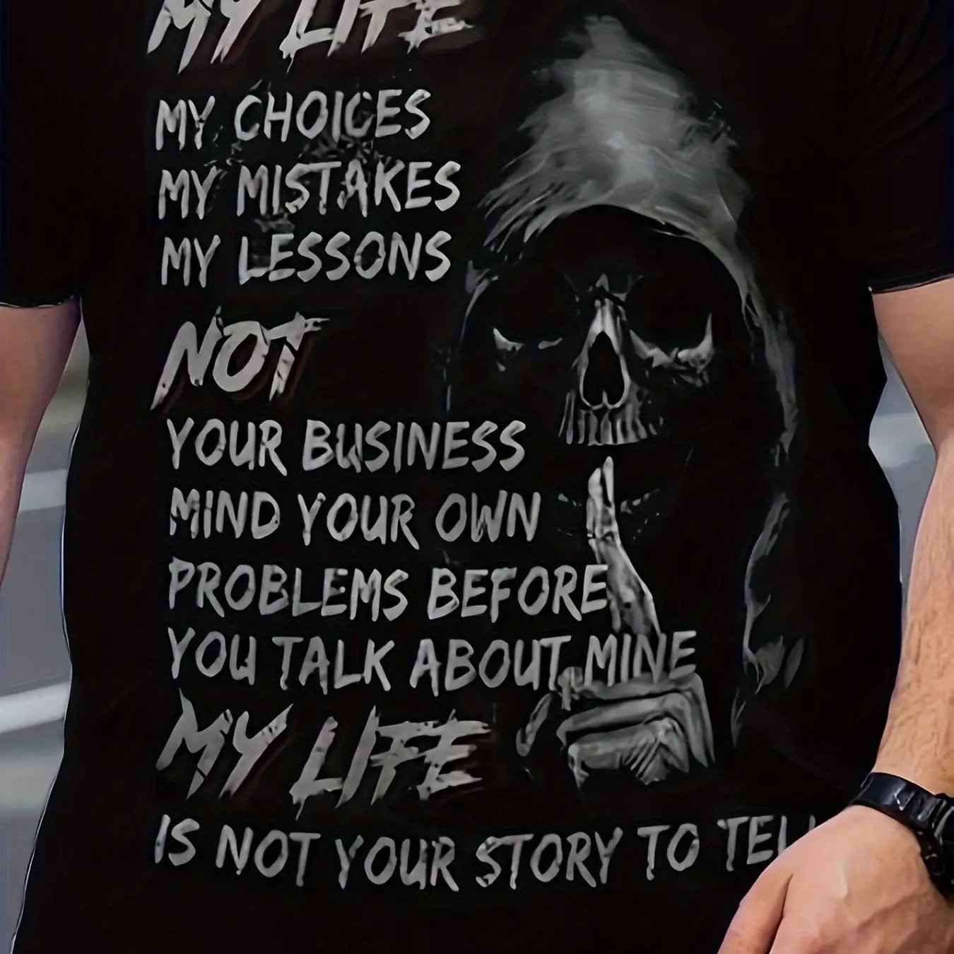 TEMU Men's D Skull Pattern T-shirt - Print With Letters "my Life", Made Of Stretchy, Machine Washable, Perfect For Casual Party Outfits, Regular Fit
