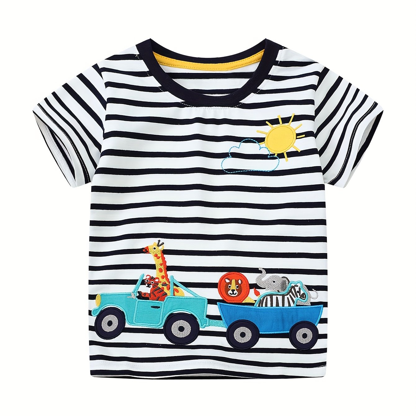 Summer Boys' Short Sleeve Striped T-shirt Knit Cartoon Embroidery Animal Car Soft Breathable Casual Pullover Top