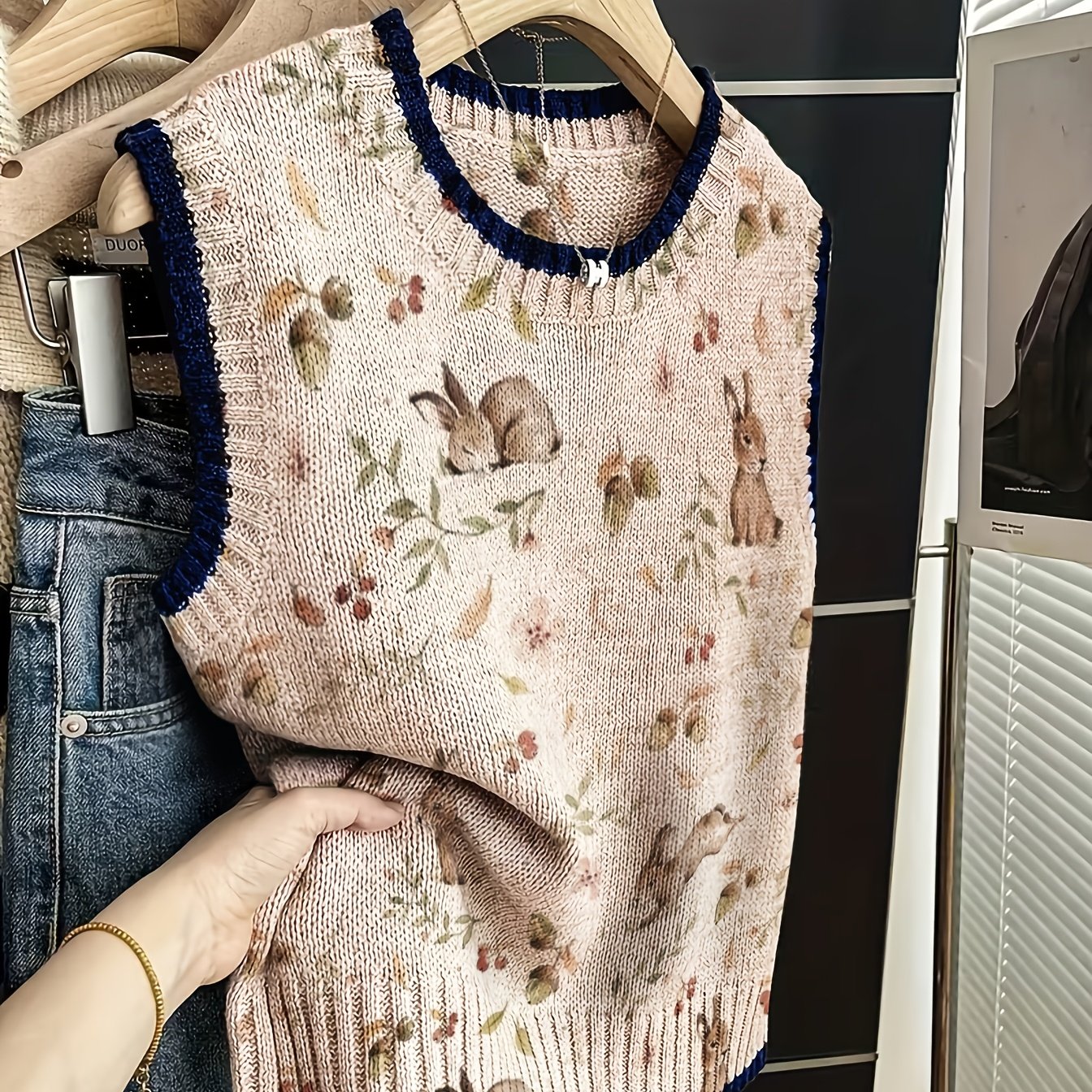 TEMU Women's Rabbit Floral Print Vest Sweater - Spring Summer Round Neck Sleeveless Top, Stackable Rabbit & Pastoral Blouse Suitable For Easter