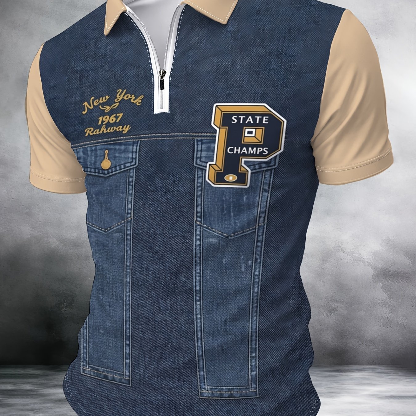 TEMU Men's Short-sleeve Zipper Shirt With Vintage Railway 1967 Print, Contrast Color Turn- Collar, Casual Sports Top, New Summer Trend, Versatile,
