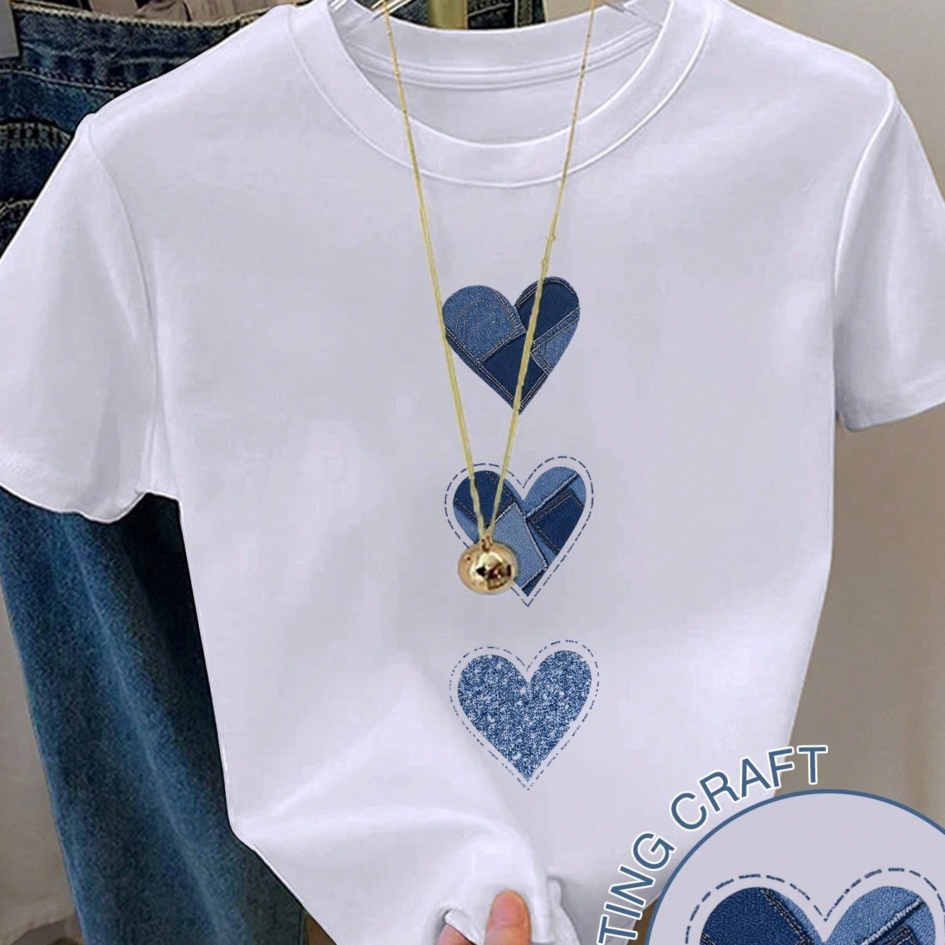 TEMU Women's Casual Heart Print Round Neck T-shirt, Summer