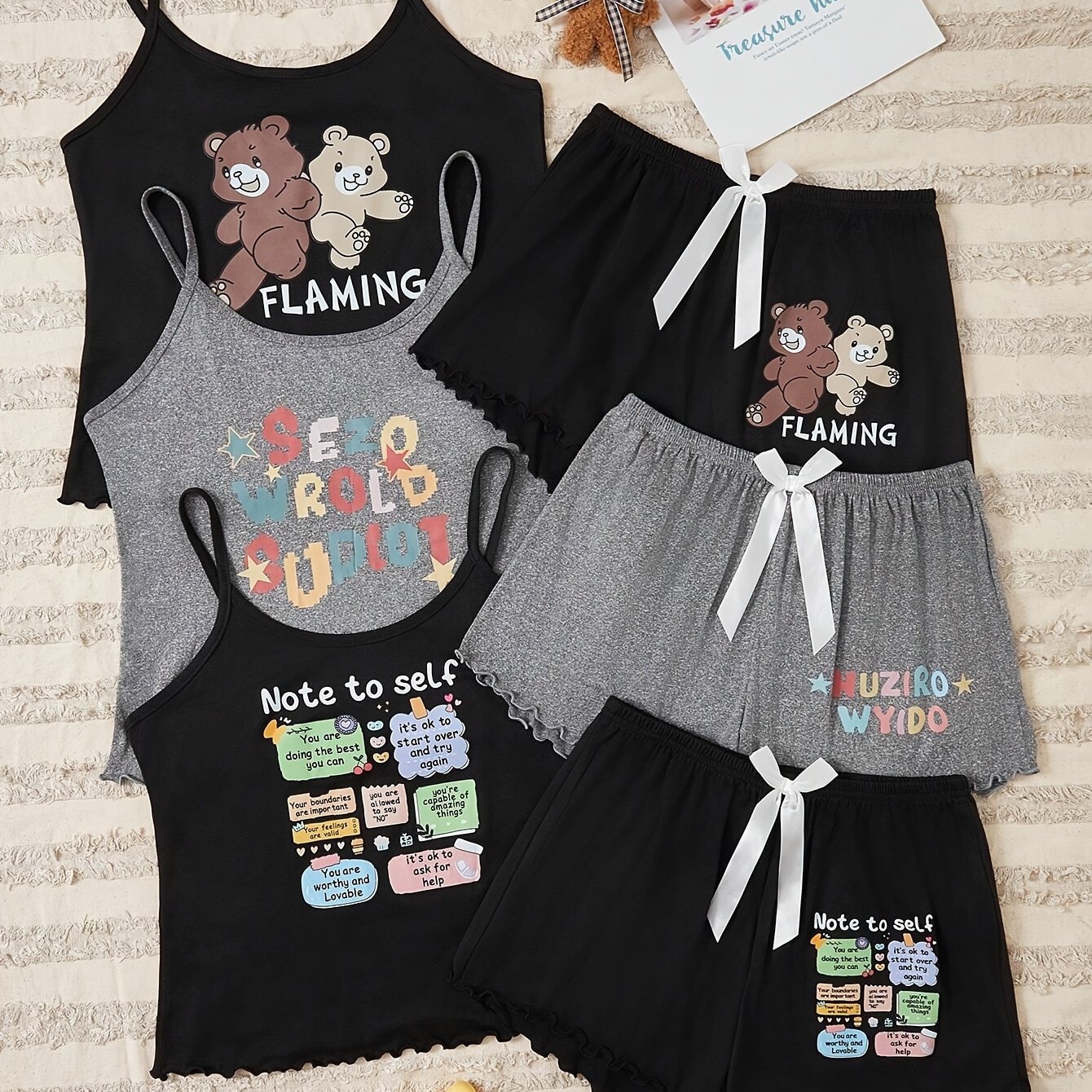 TEMU 3 Sets Women's Cartoon & Letter Print Frill Trim Cute Pajama Set, Round Neck Backless Cami Top & Shorts, Comfortable Relaxed Fit