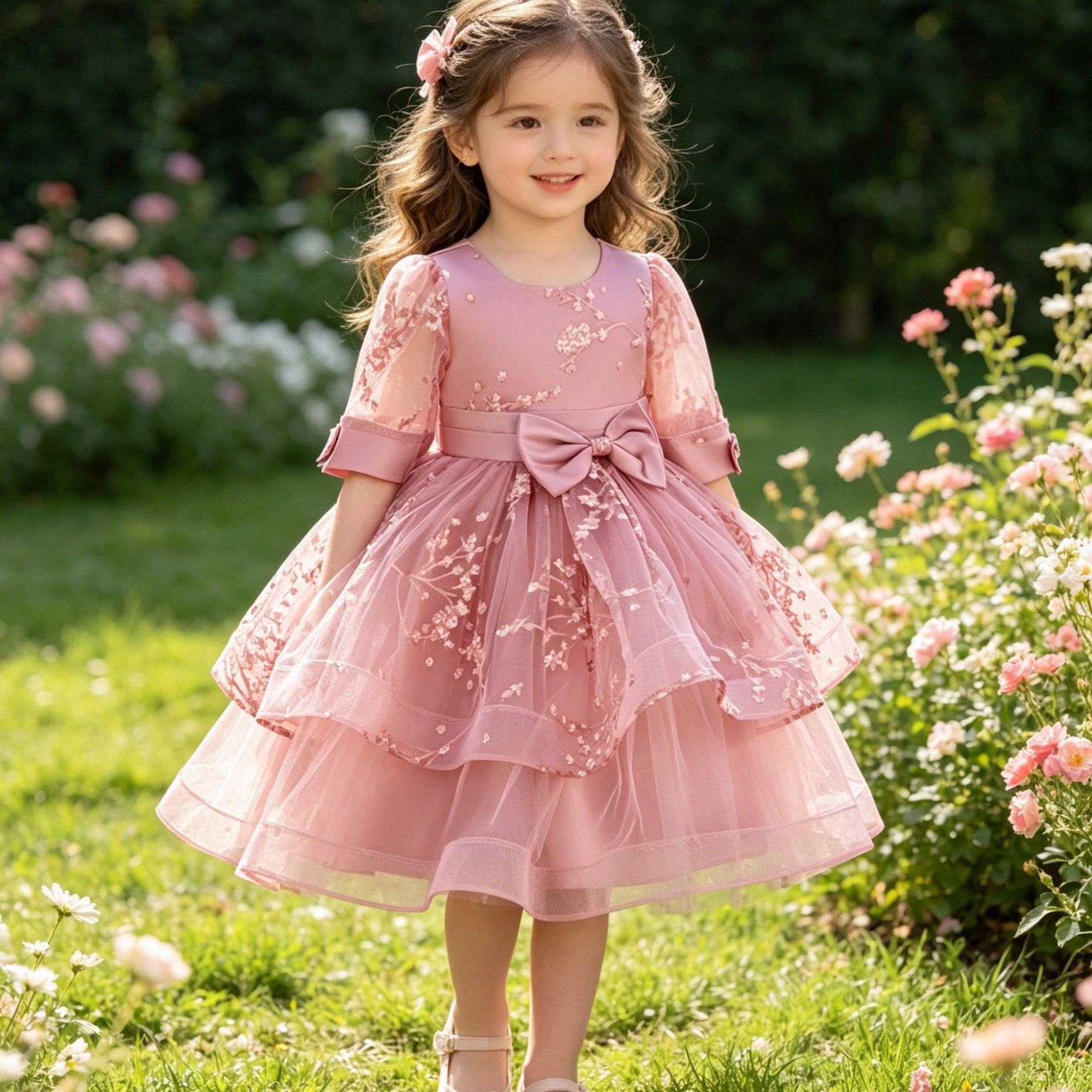 Image of Girls' New Summer Style Fluffy Short-sleeve High-end Formal Dress With Bow, Stylish Princess Dress, Christmas Girls' Clothing, Christmas Gift