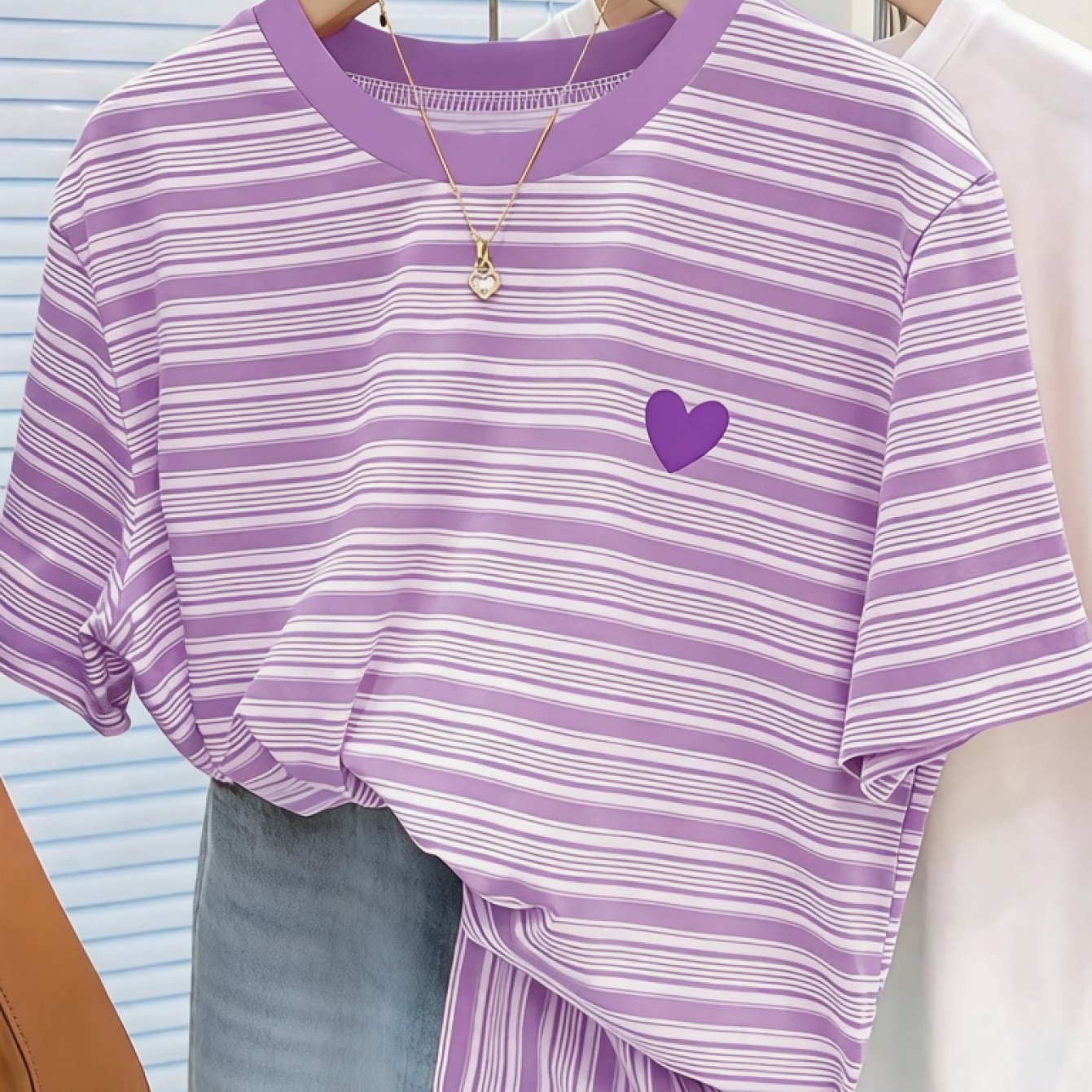 TEMU Striped Heart Print Crew Neck Short Sleeve T-shirt, Loose Fit Casual Short Sleeve. Of Fashion, , And Elegant Charm [printed Design - Not