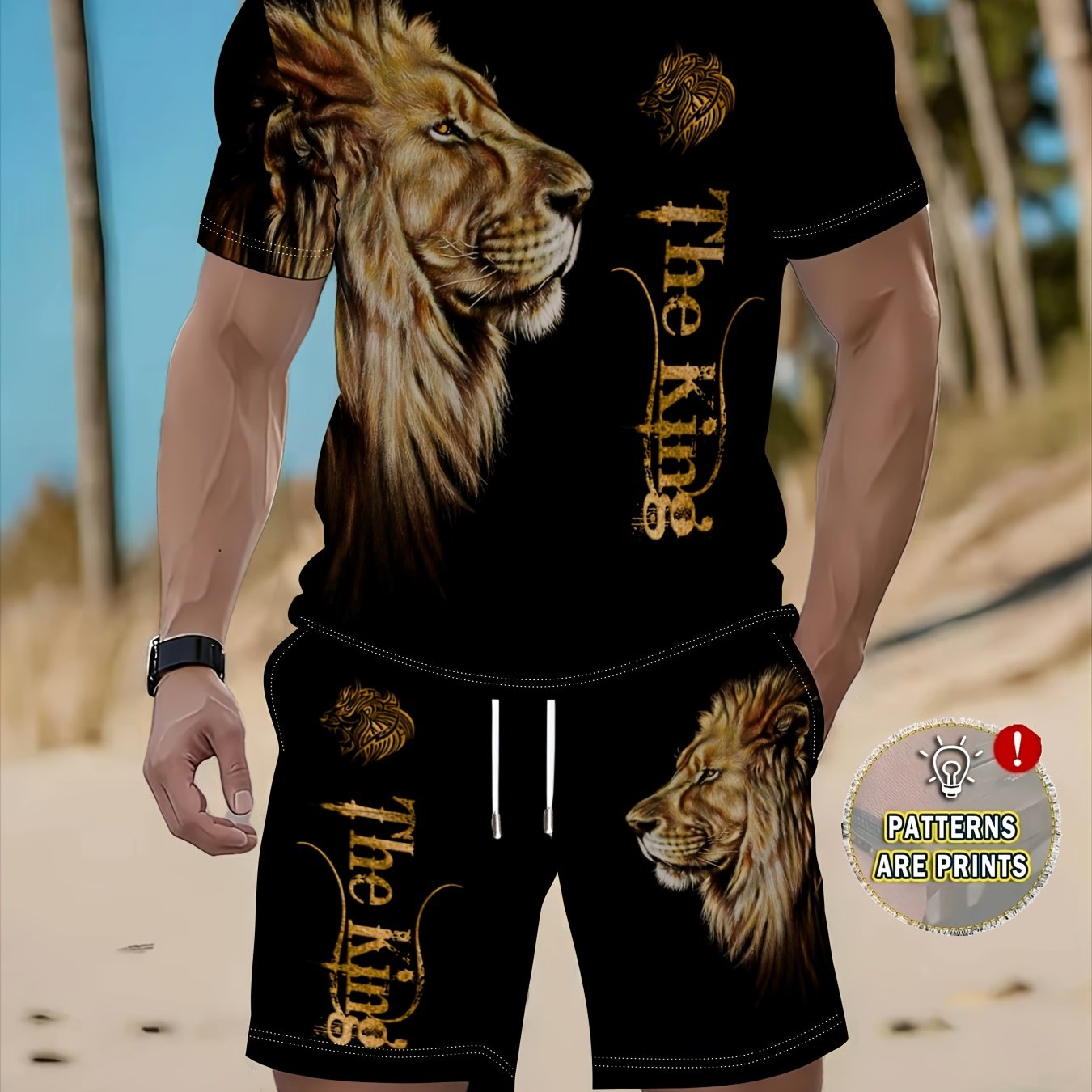 TEMU Ensemble de Sport Décontracté pour Hommes avec Imprimé Lion 3D Confortable et Respirant - T-shirt en Polyester et Short, Lavable en Machine,