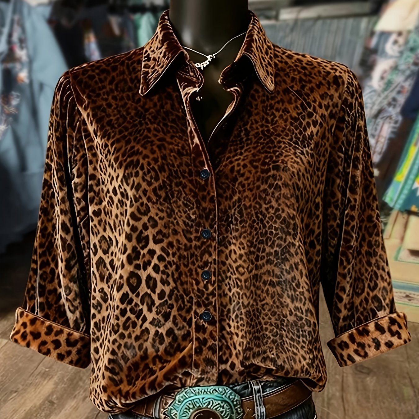 E-shop Leopardmuster Kragen Dreiviertelärmel Samt Top Hemd