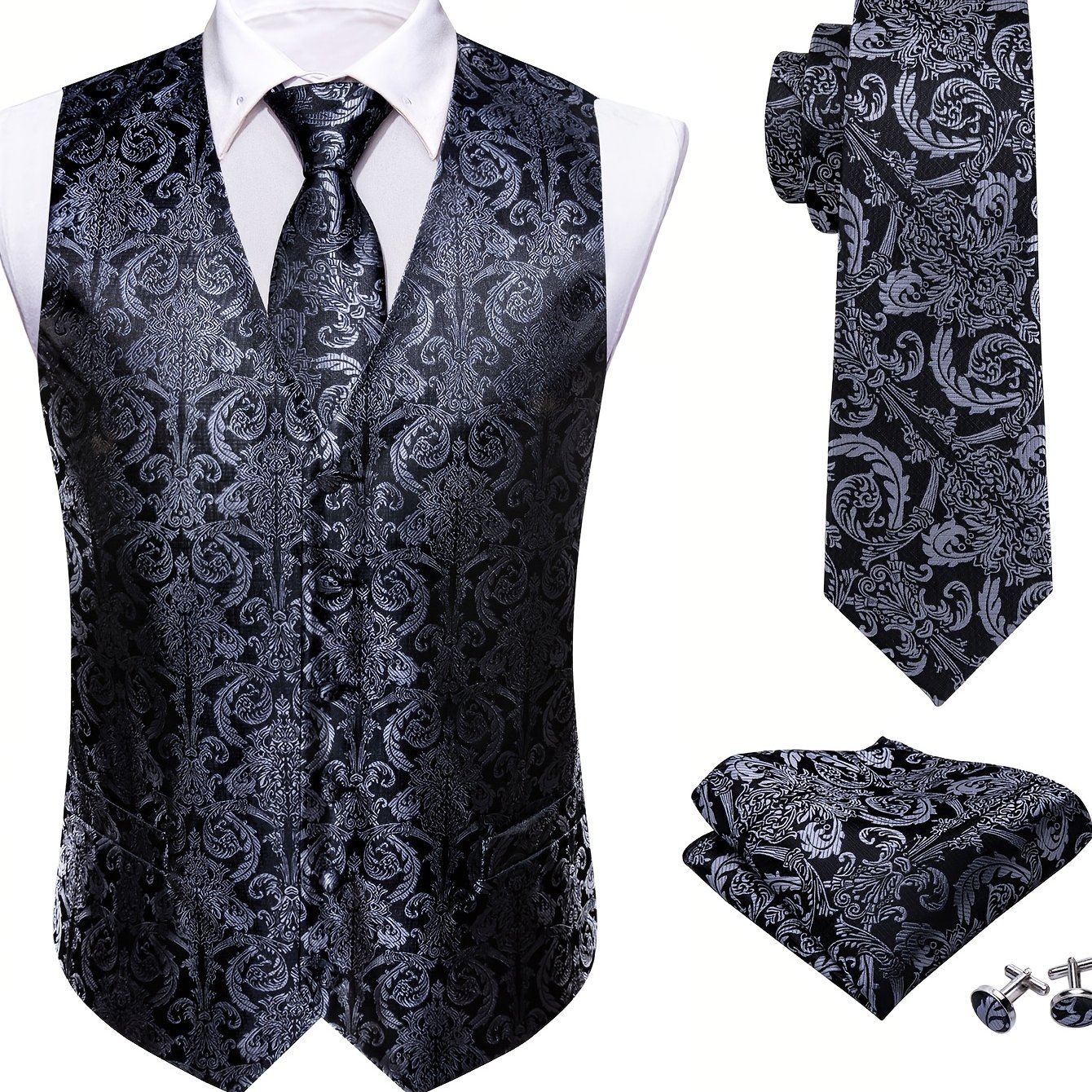 Men's Plus-size V-neck Vests, Classic Sets In Yellow, Purple, And Black Paisley, Including A Tie, Handkerchief, And Decorative Buttons, Plus Size