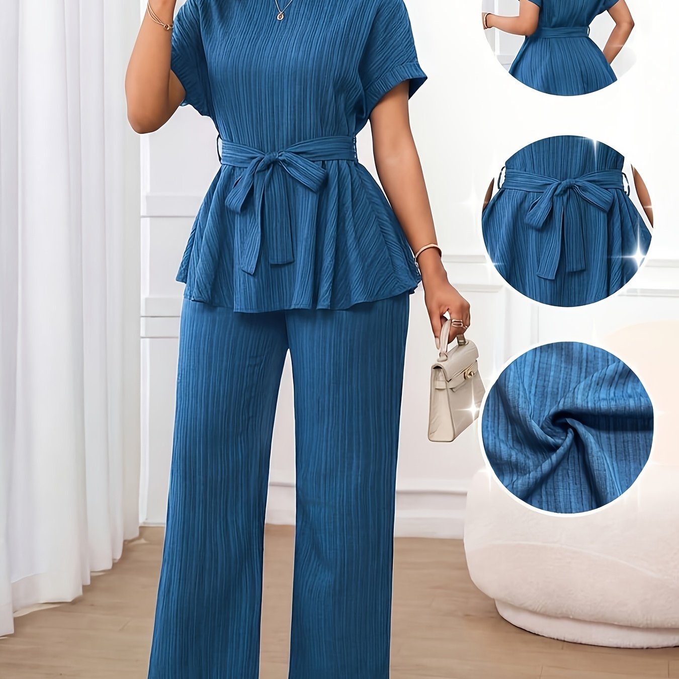 TEMU Summer Elegant Festive Gathering Vacation Solid Round Neck Short Sleeve Belt Shirt And Loose Waist Women's Long Pants Set