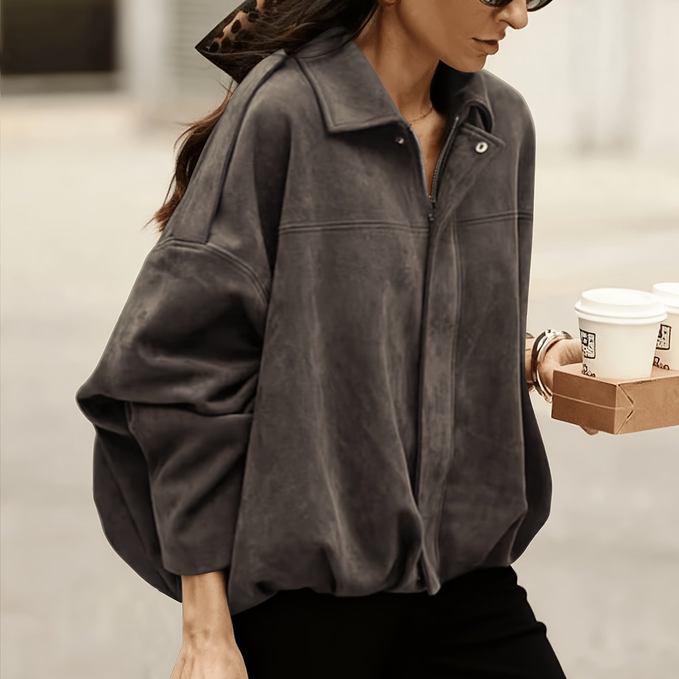 E-shop Damen Revers-Jacke mit Reißverschluss, Modische Lockere Fledermausärmel, Langarm Pilotenjacke, Kurzmantel für Frühling Herbst