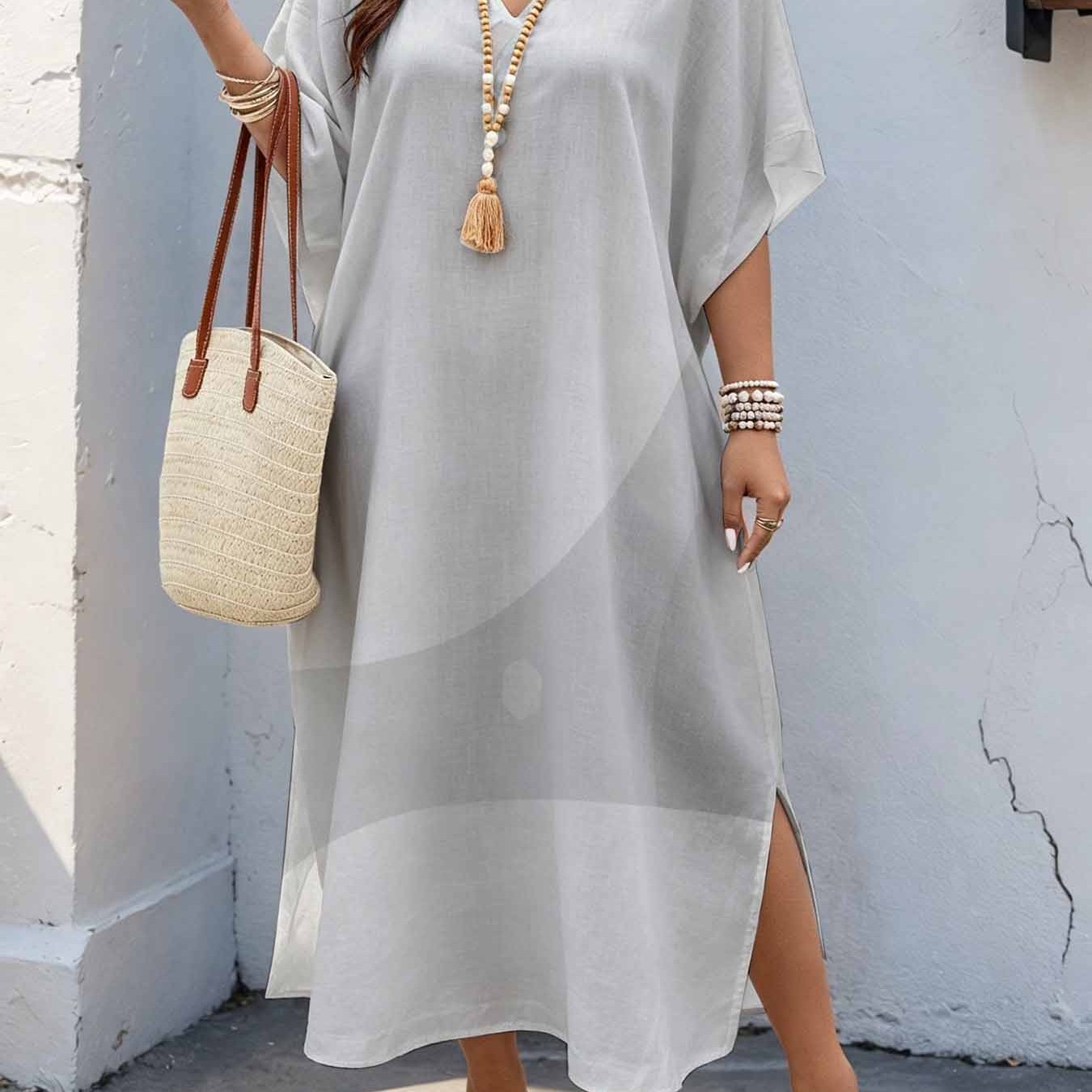 Image of Plus Size Women's 08xl Minimalist , Geometric Abstract Print Maxi Dress, V-neck Batwing Sleeve Dress With Double Side Slits, Loose Casual Summer Dress For Curvy Women